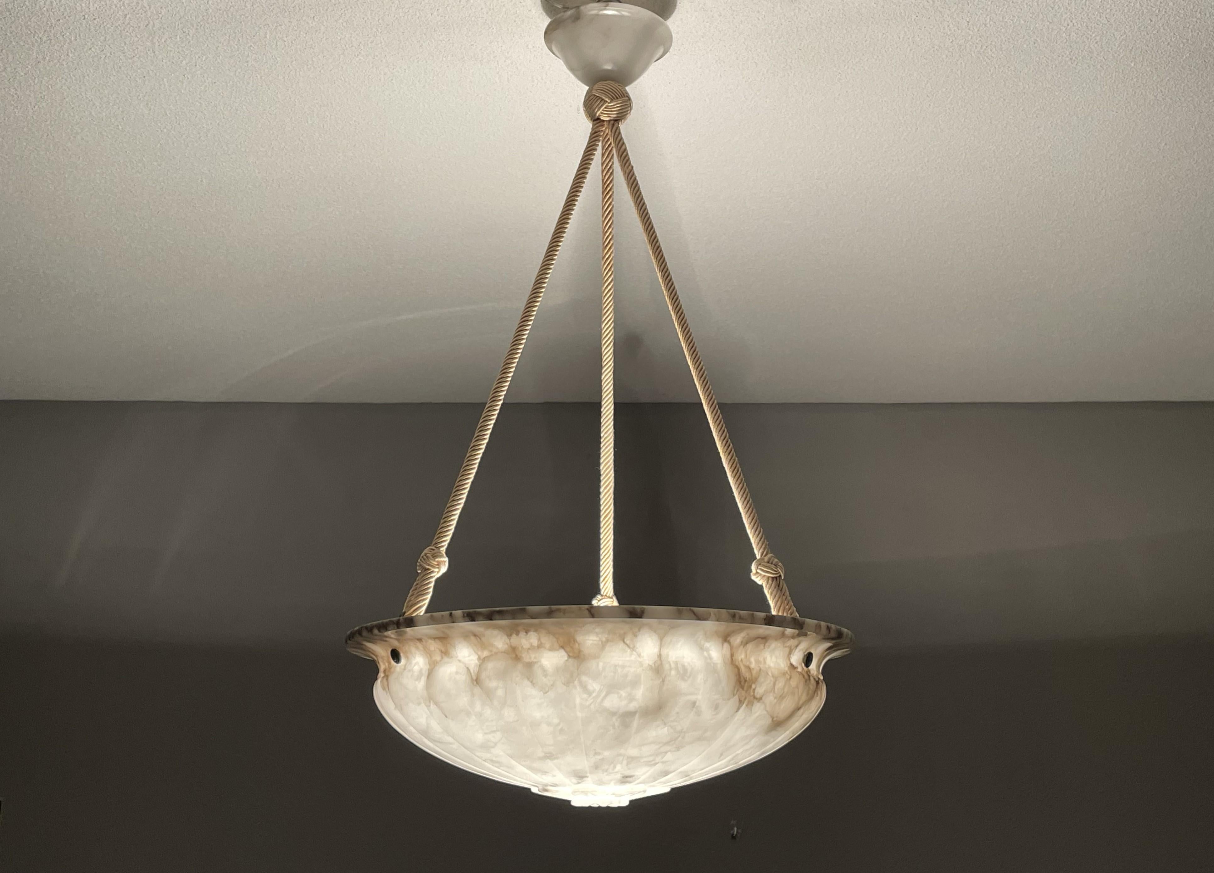 Mint & Marble-Like Antique Alabaster Pendant Light with Original Canopy & Rope For Sale 11
