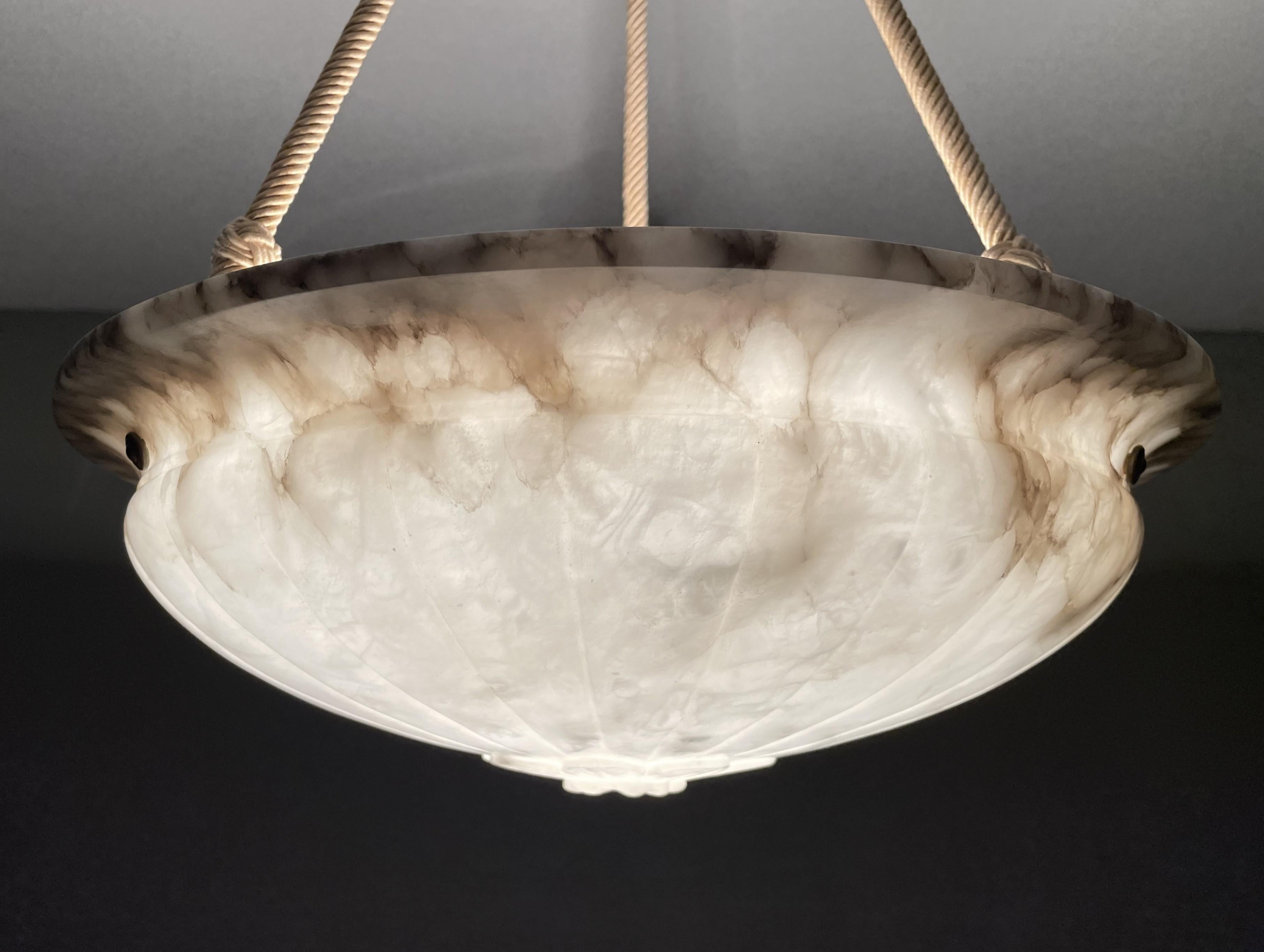 European Mint & Marble-Like Antique Alabaster Pendant Light with Original Canopy & Rope For Sale