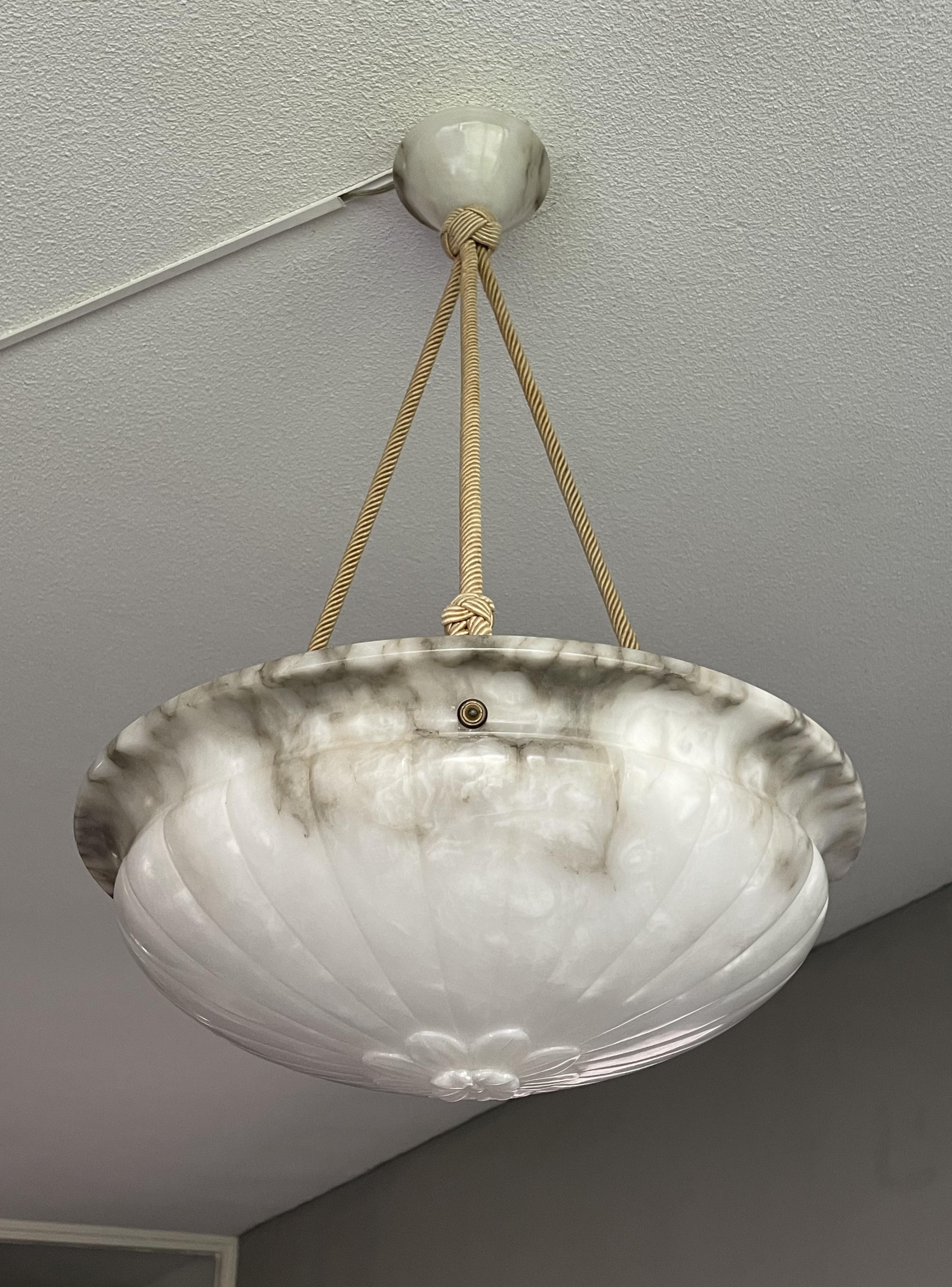 Hand-Knotted Mint & Marble-Like Antique Alabaster Pendant Light with Original Canopy & Rope For Sale
