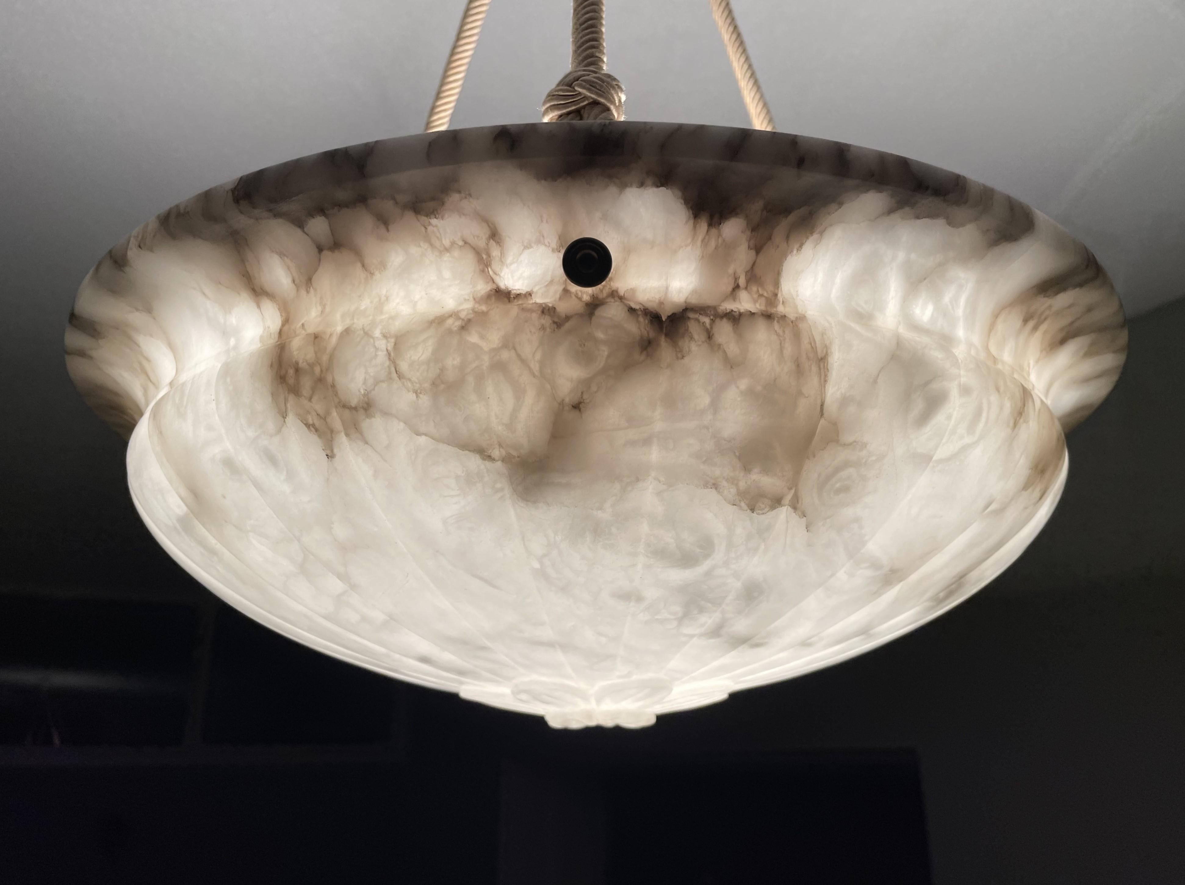 20th Century Mint & Marble-Like Antique Alabaster Pendant Light with Original Canopy & Rope For Sale