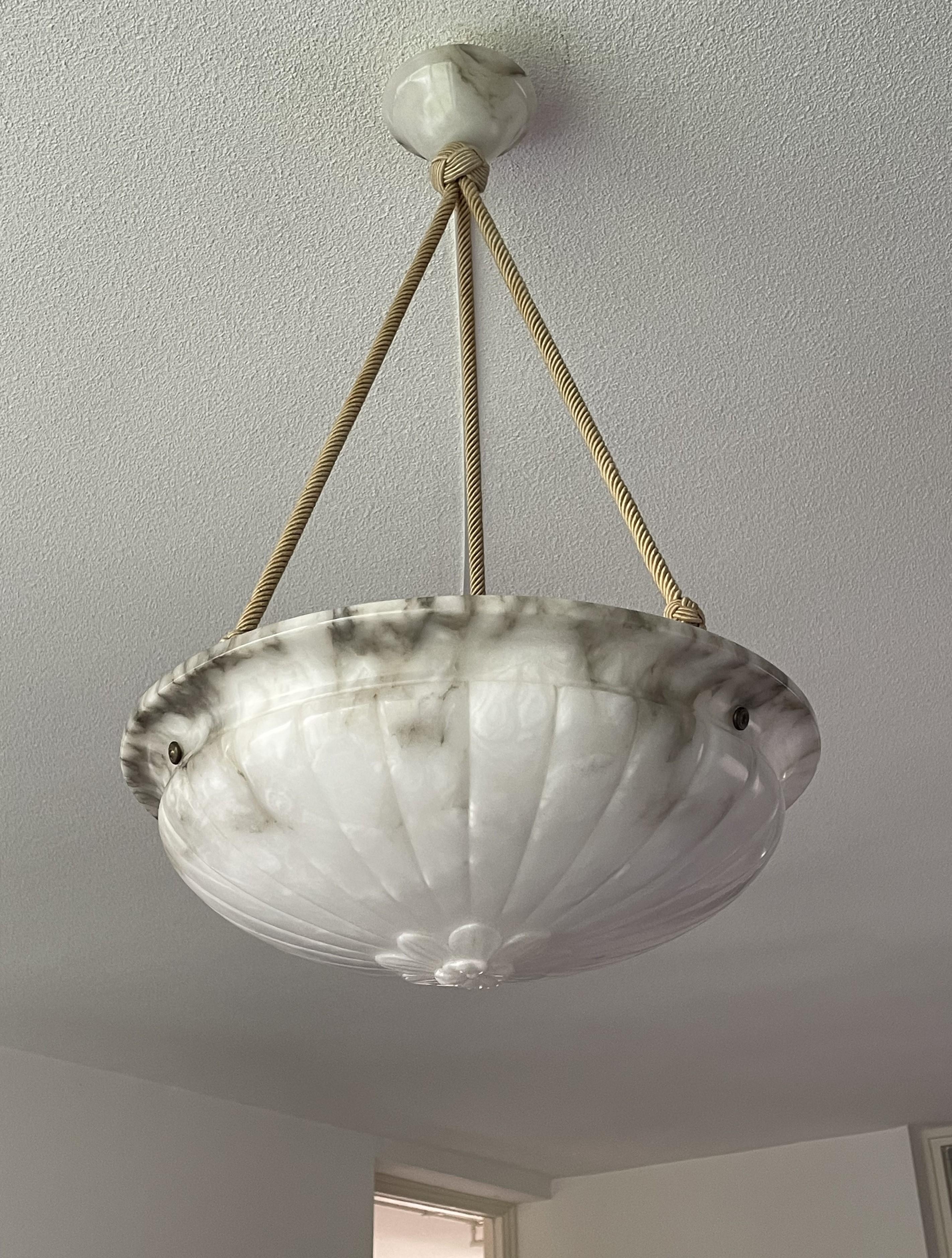 Porcelain Mint & Marble-Like Antique Alabaster Pendant Light with Original Canopy & Rope For Sale