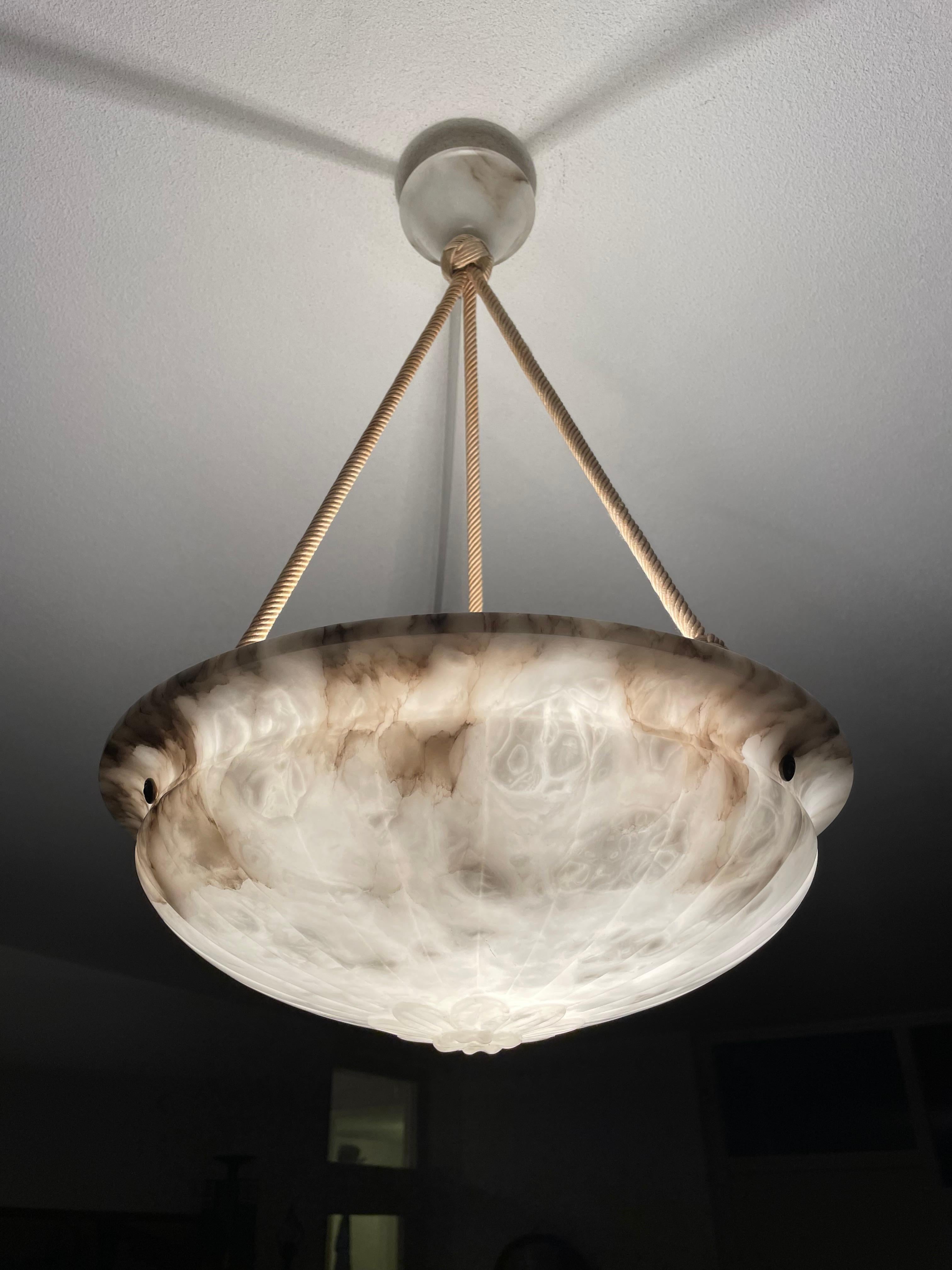 Mint & Marble-Like Antique Alabaster Pendant Light with Original Canopy & Rope For Sale 1