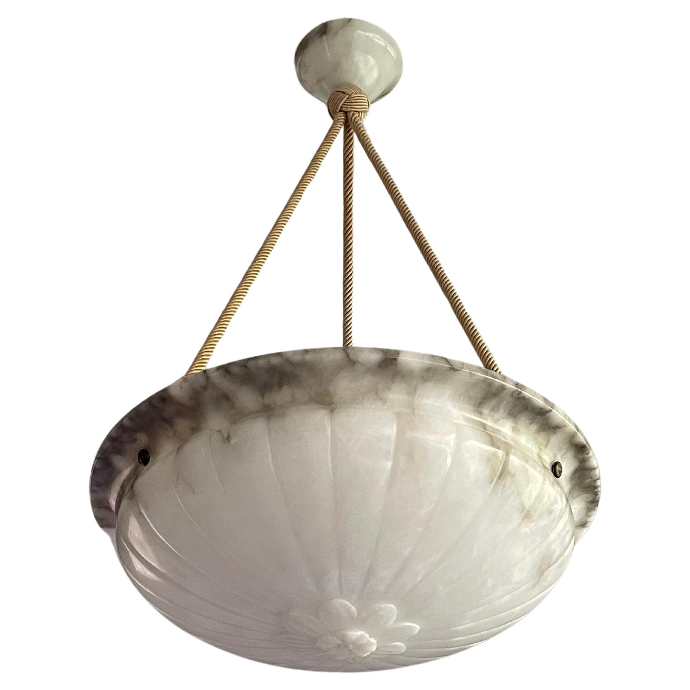 Mint & Marble-Like Antique Alabaster Pendant Light with Original Canopy & Rope For Sale