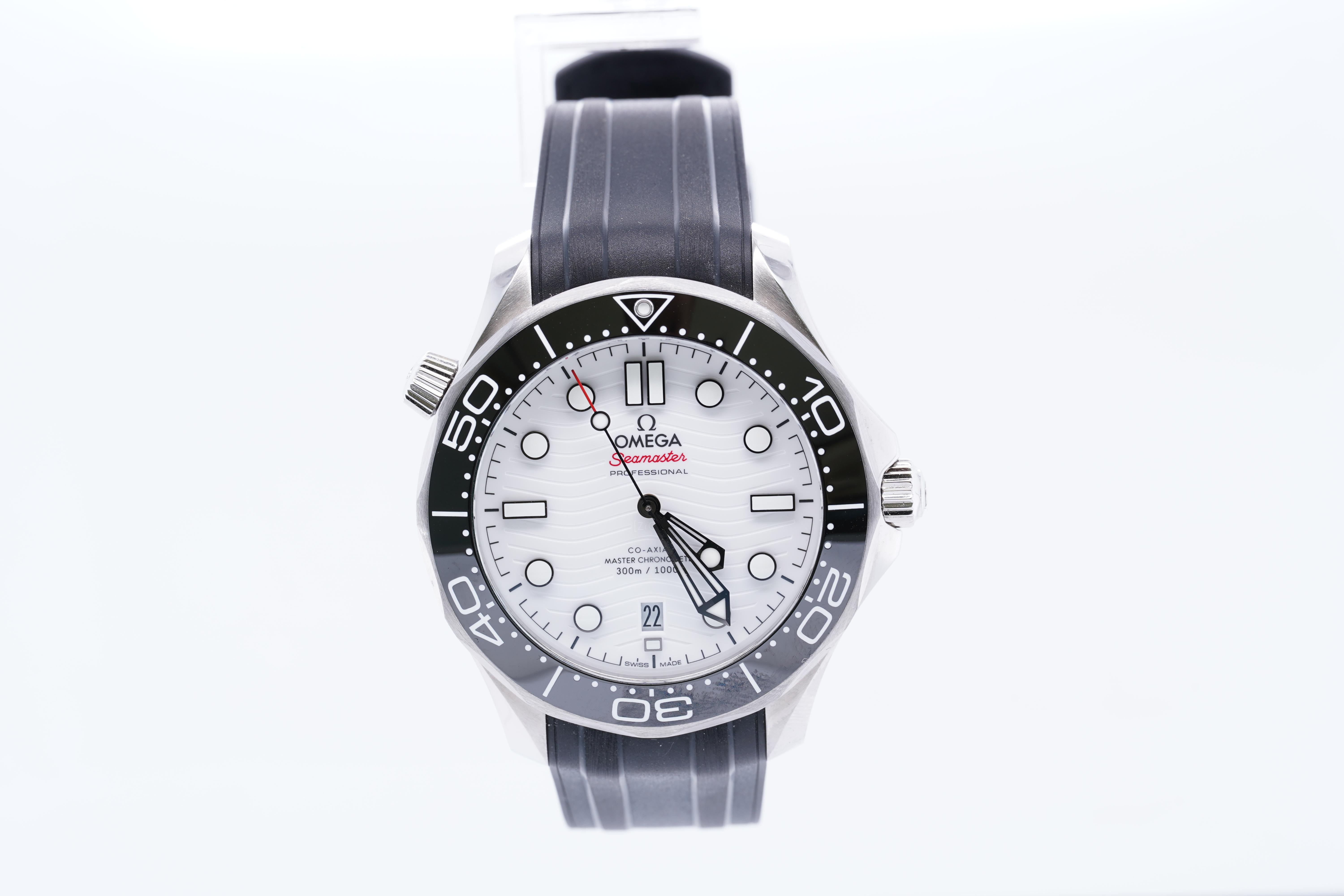 Omega Seamaster Diver 300M Co-Axial Master Chronometer White Dial Black Rubber Strap Watch, 42mm, Ref: O21032422004001, Watch No: 82838192

Omega SA is a Swiss luxury watchmaker based in Biel/Bienne, Switzerland.[1] Founded by Louis Brandt in La