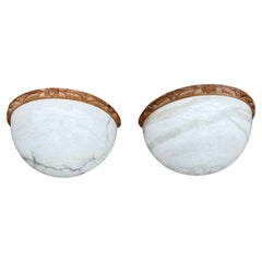 Mint Pair Art Deco Style White Alabaster Wall Sconces / Lights, MidCentury Era