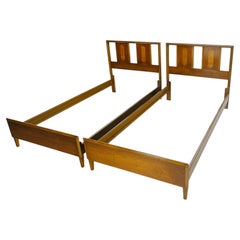 MINT Pair of Mid Century Modern Twin Size Walnut And Burl Beds Headboards Rails