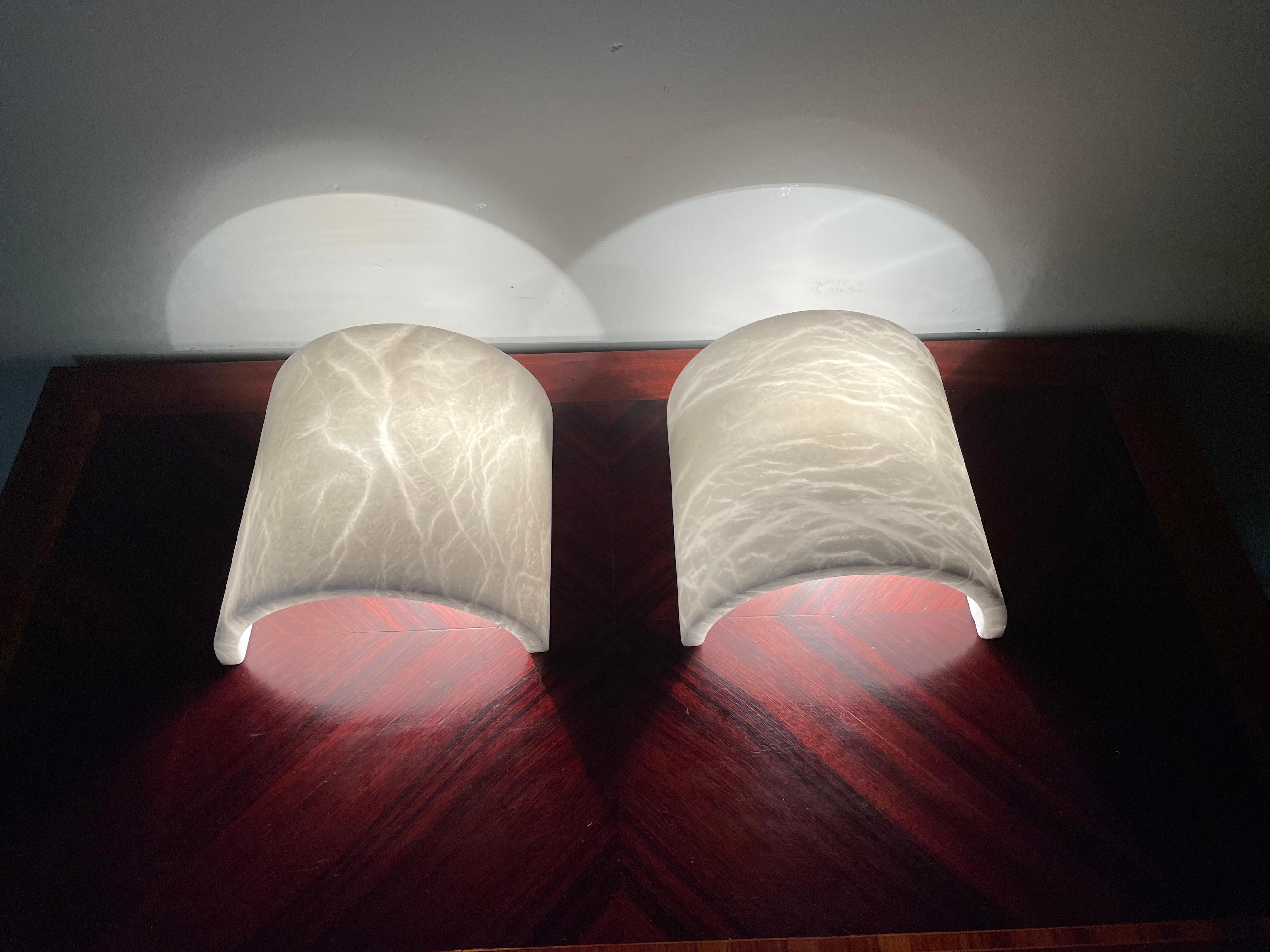 Mint Pair of Art Deco Alabaster Up & Down Light Wall Sconces w. Stunning Veins For Sale 13