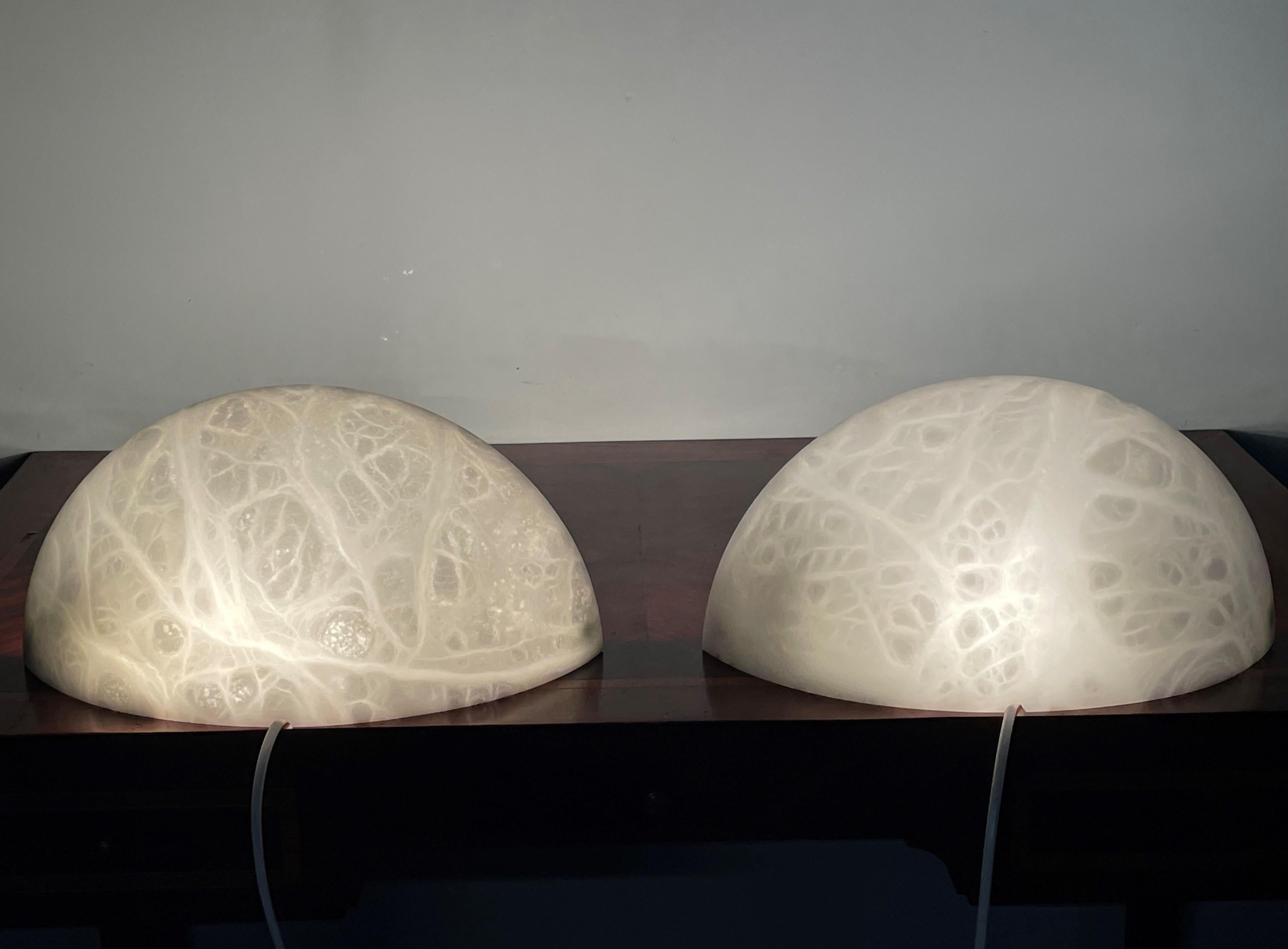 20th Century Mint Pair of Timeless & Good Size White Alabaster Wall Sconces w/ Stunning Veins For Sale