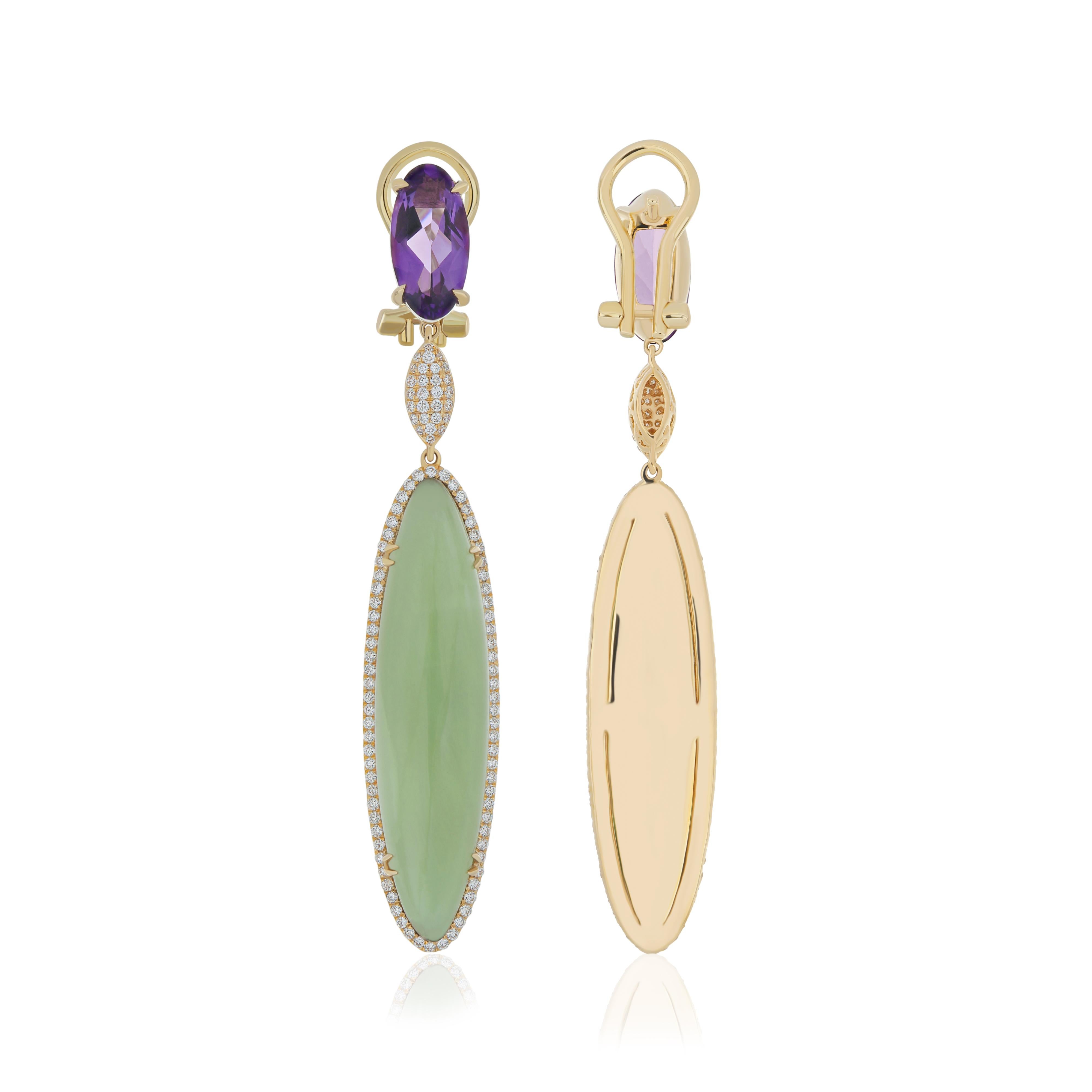 Moderne Boucle d'oreille en quartz menthe, améthyste et diamant Boucle d'oreille artisanale en or jaune 14k en vente