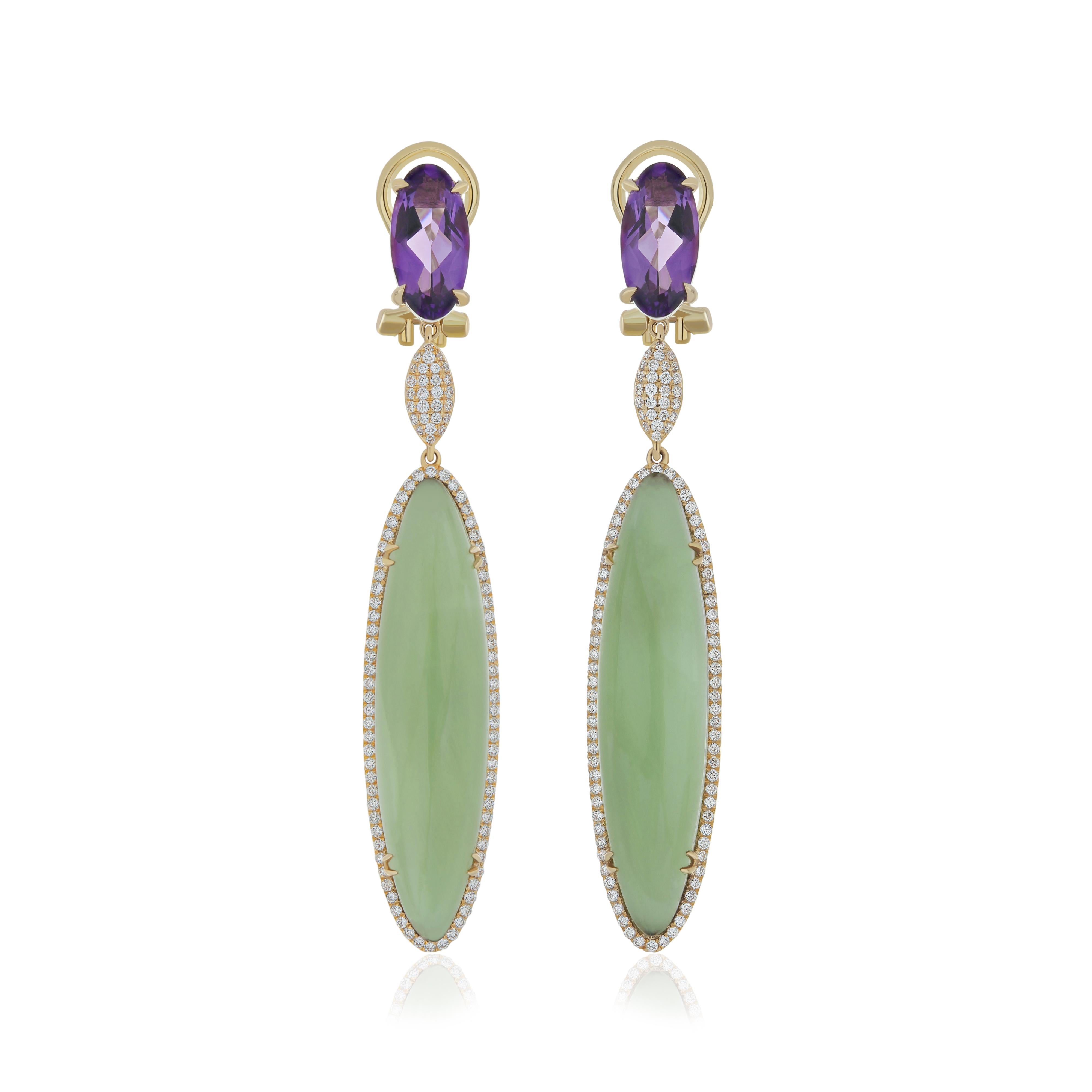 Taille ovale Boucle d'oreille en quartz menthe, améthyste et diamant Boucle d'oreille artisanale en or jaune 14k en vente