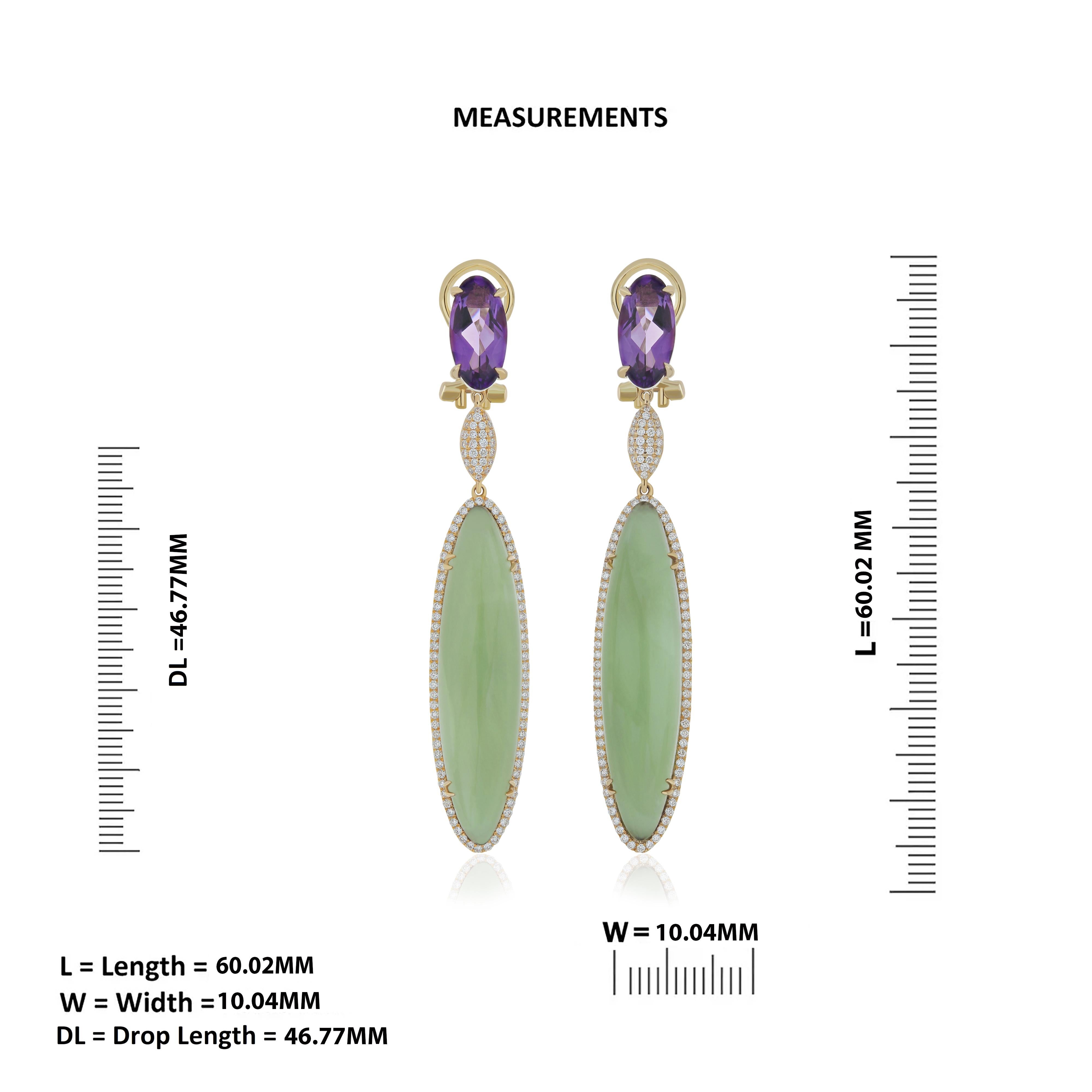Boucle d'oreille en quartz menthe, améthyste et diamant Boucle d'oreille artisanale en or jaune 14k Neuf - En vente à JAIPUR, IN