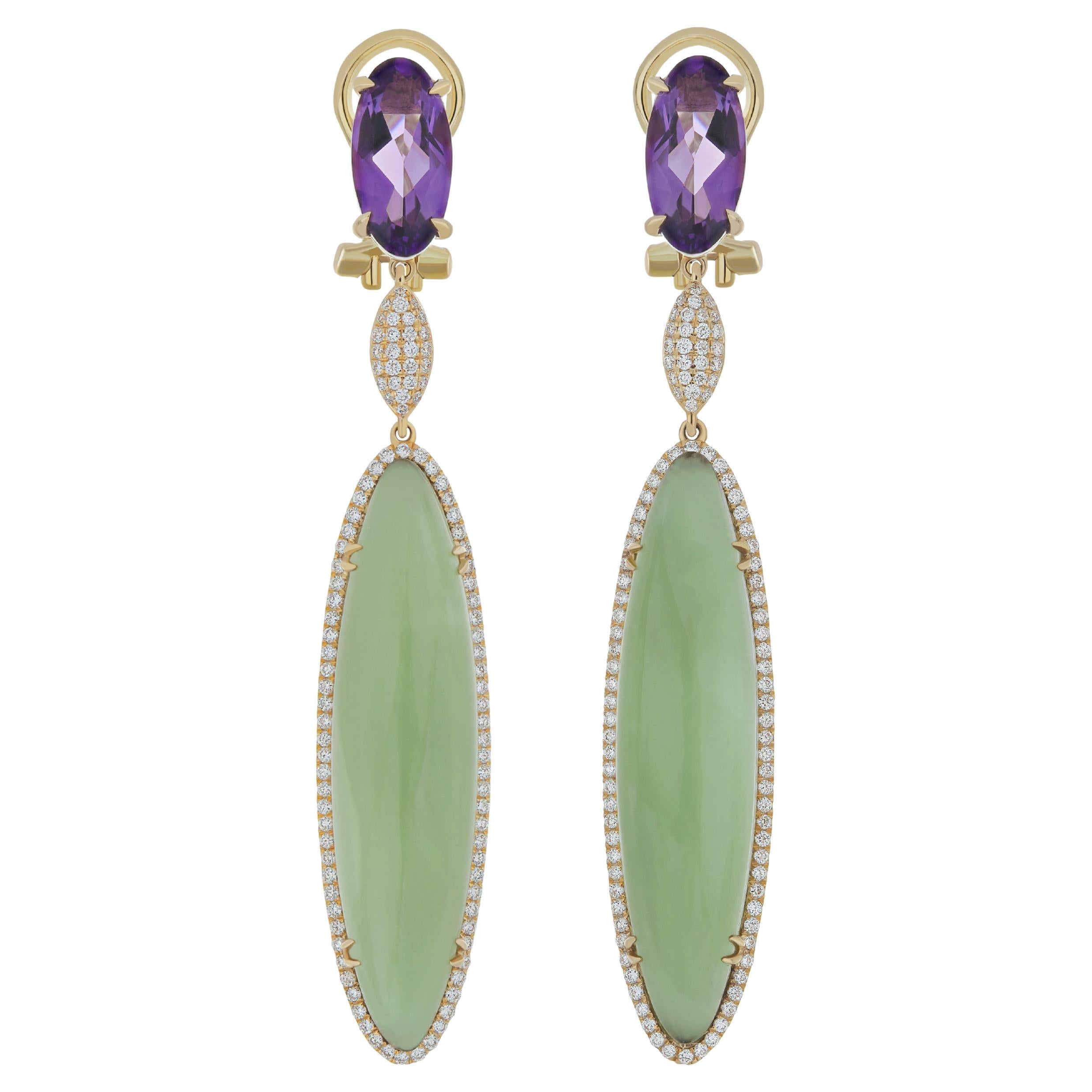 Mint Quartz, Amethyst and Diamond Earring 14k Yellow Gold Handcraft Earring