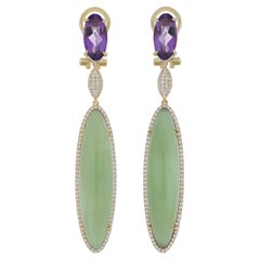 Mint Quartz, Amethyst and Diamond Earring 14k Yellow Gold Handcraft Earring