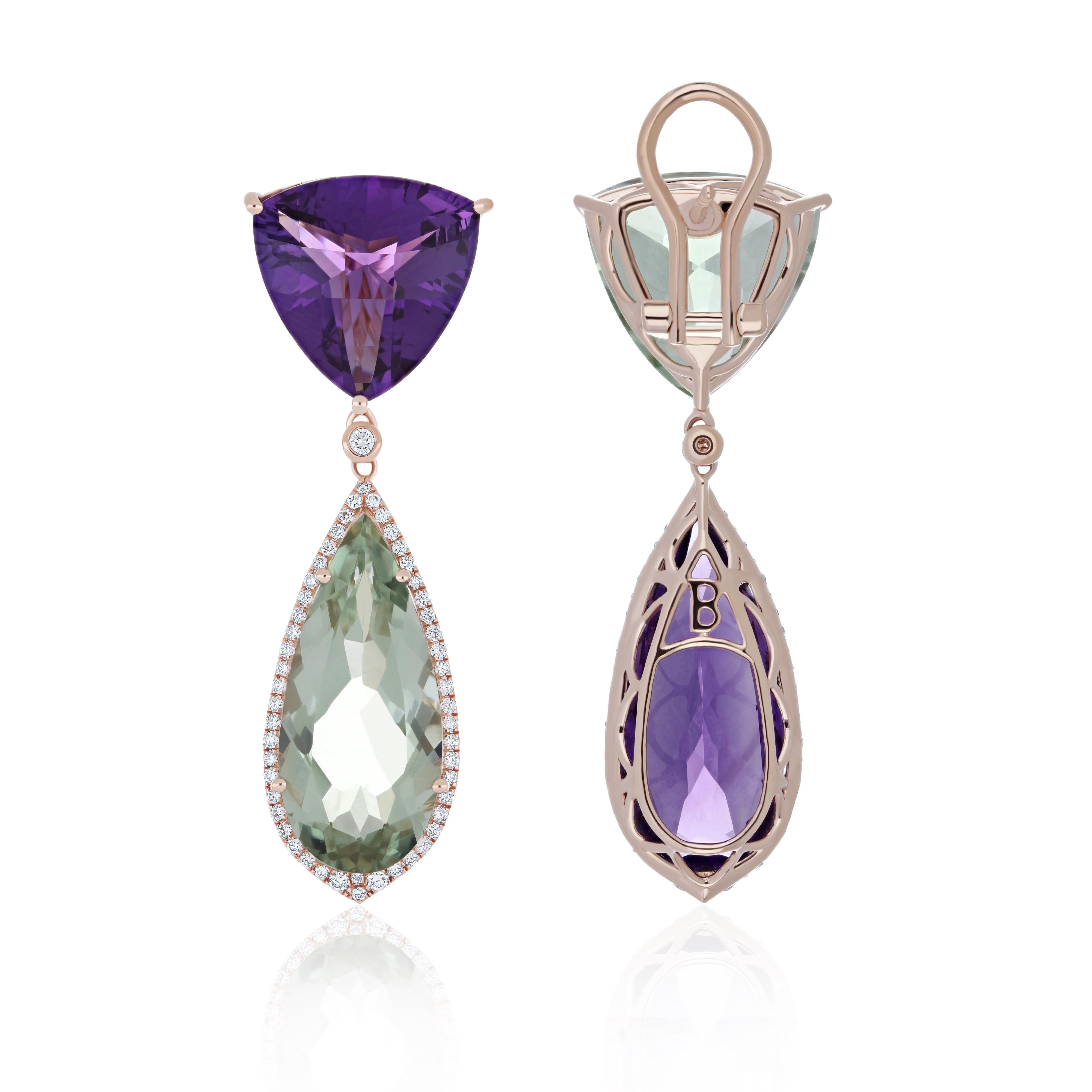 Mixed Cut 14K Rose Gold Drop Earring Mint Quartz, Amethyst and Diamond, handmade jewelry For Sale