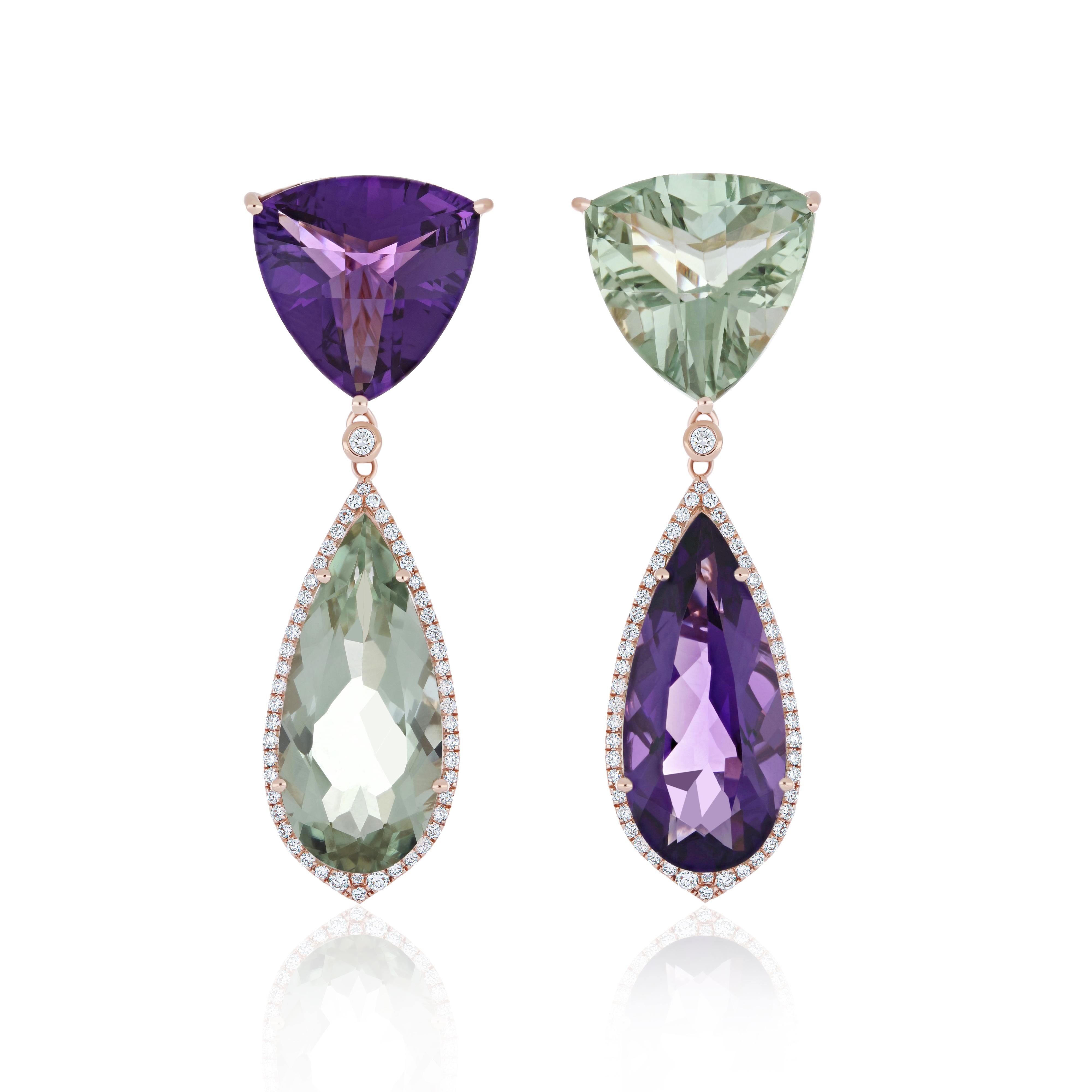 14K Rose Gold Drop Earring Mint Quartz, Amethyst and Diamond, handmade jewelry In New Condition For Sale In JAIPUR, IN