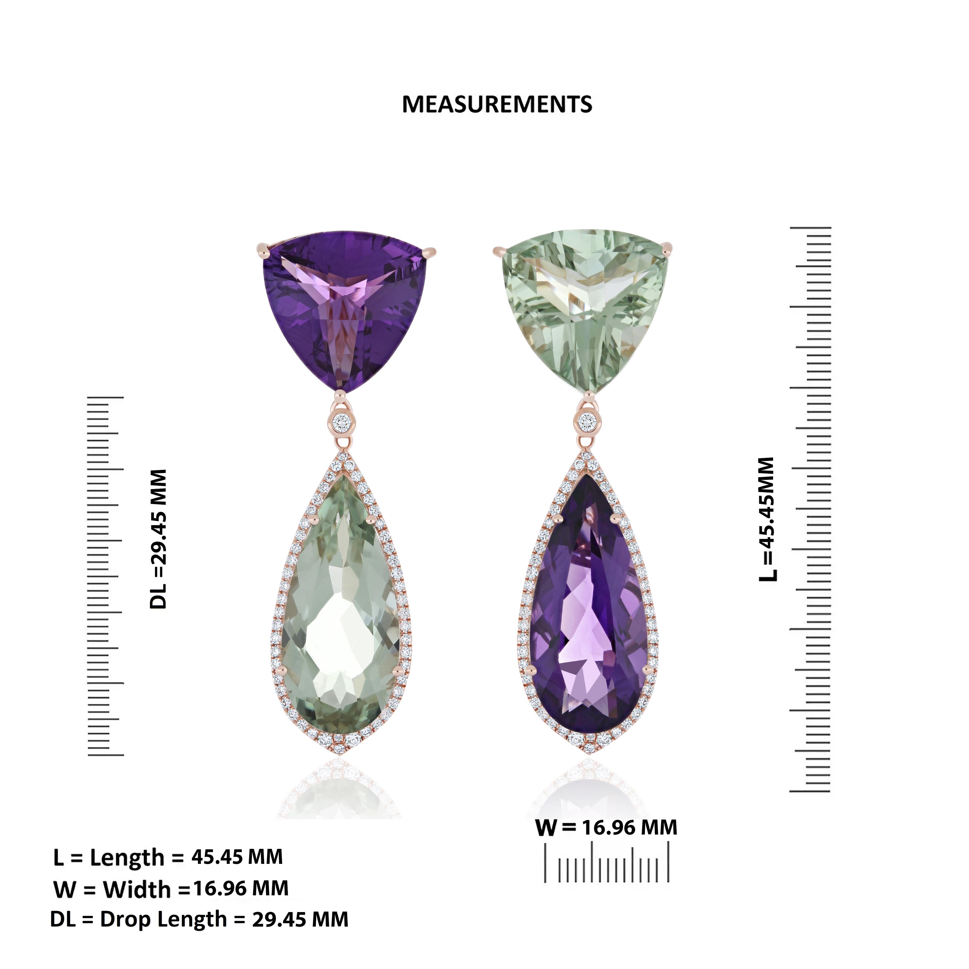 Women's 14K Rose Gold Drop Earring Mint Quartz, Amethyst and Diamond, handmade jewelry For Sale