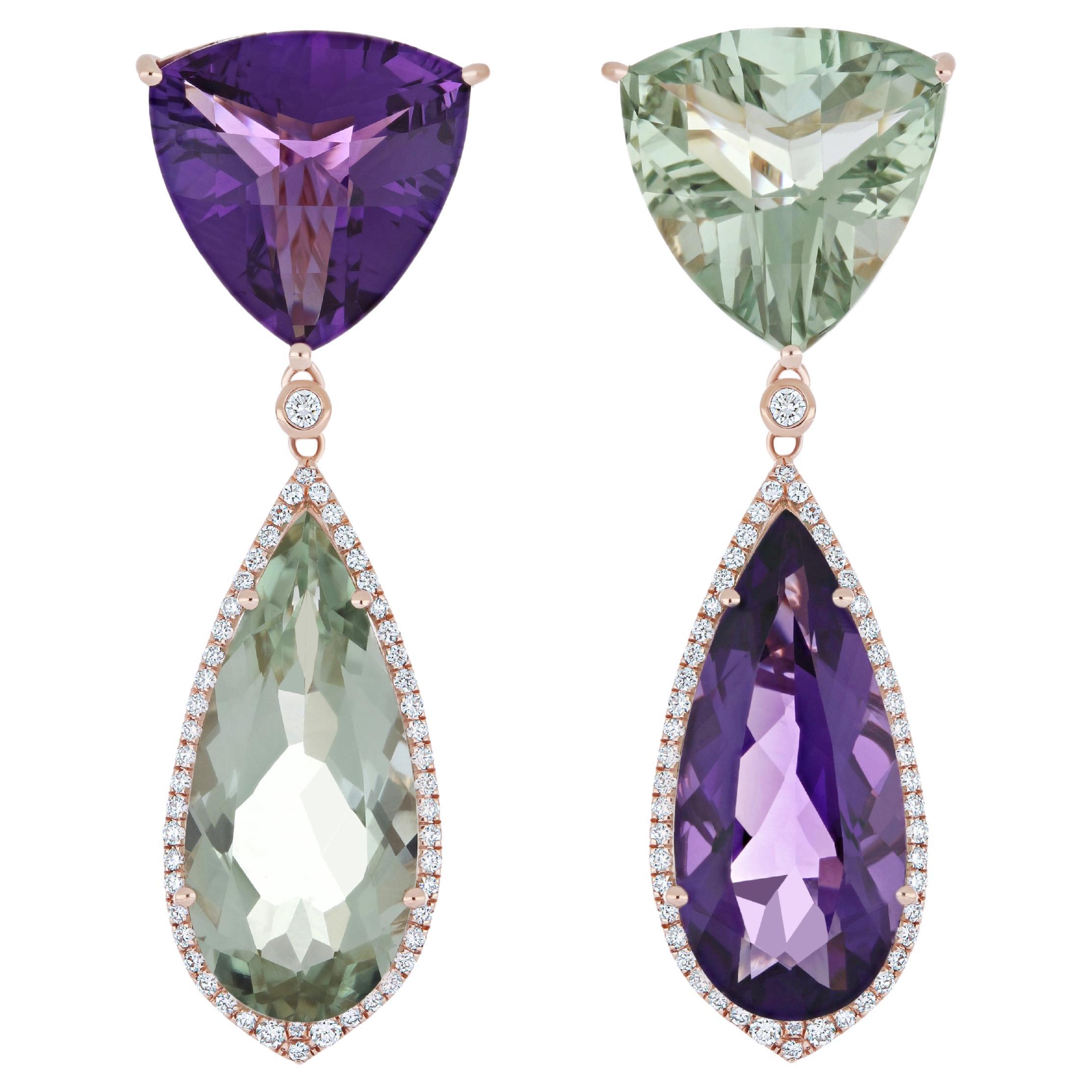 14K Rose Gold Drop Earring Mint Quartz, Amethyst and Diamond, handmade jewelry For Sale