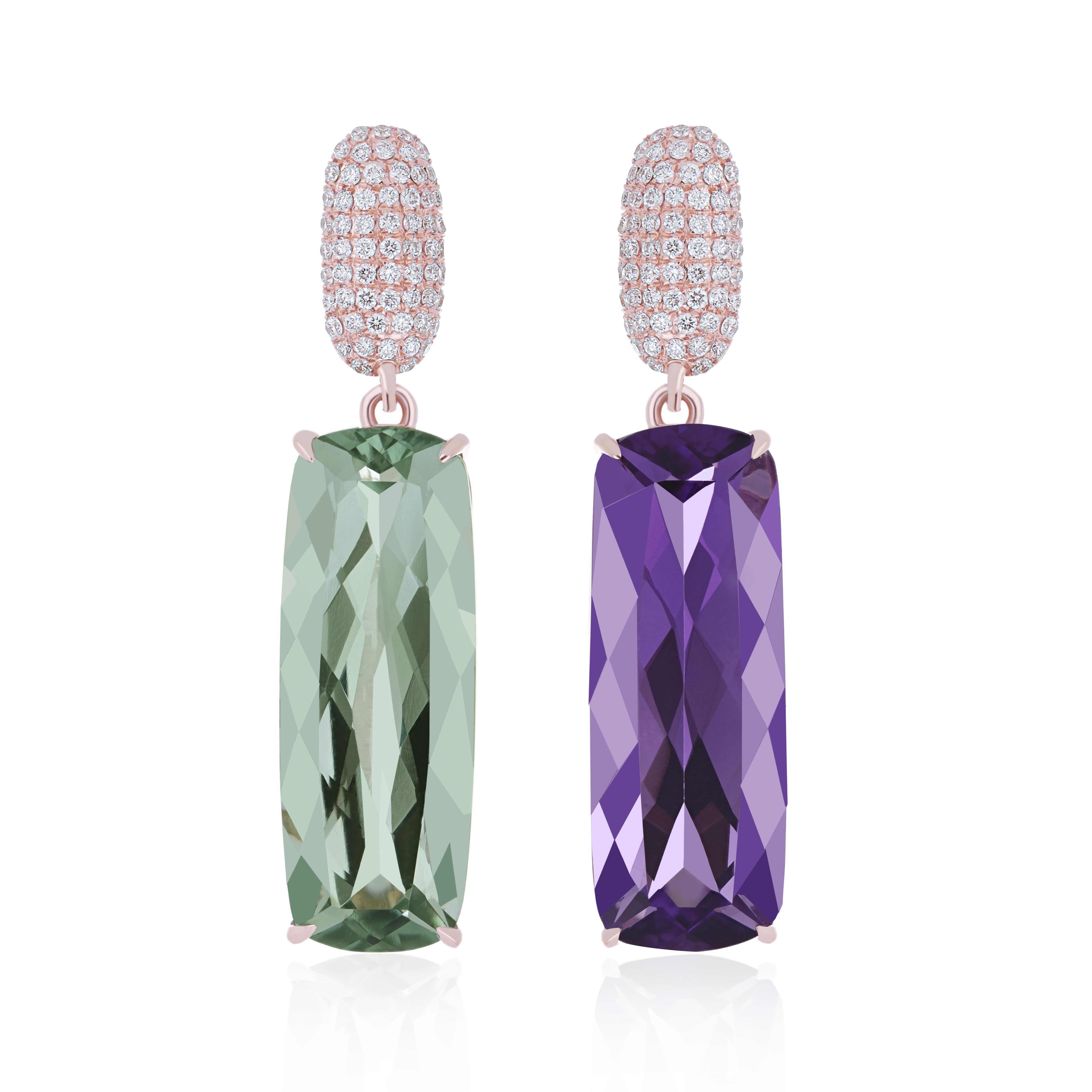 Mint Quartz, Amethyst and Diamond Earring in 14 Karat Rose Gold Mismatch Earring In New Condition For Sale In JAIPUR, IN