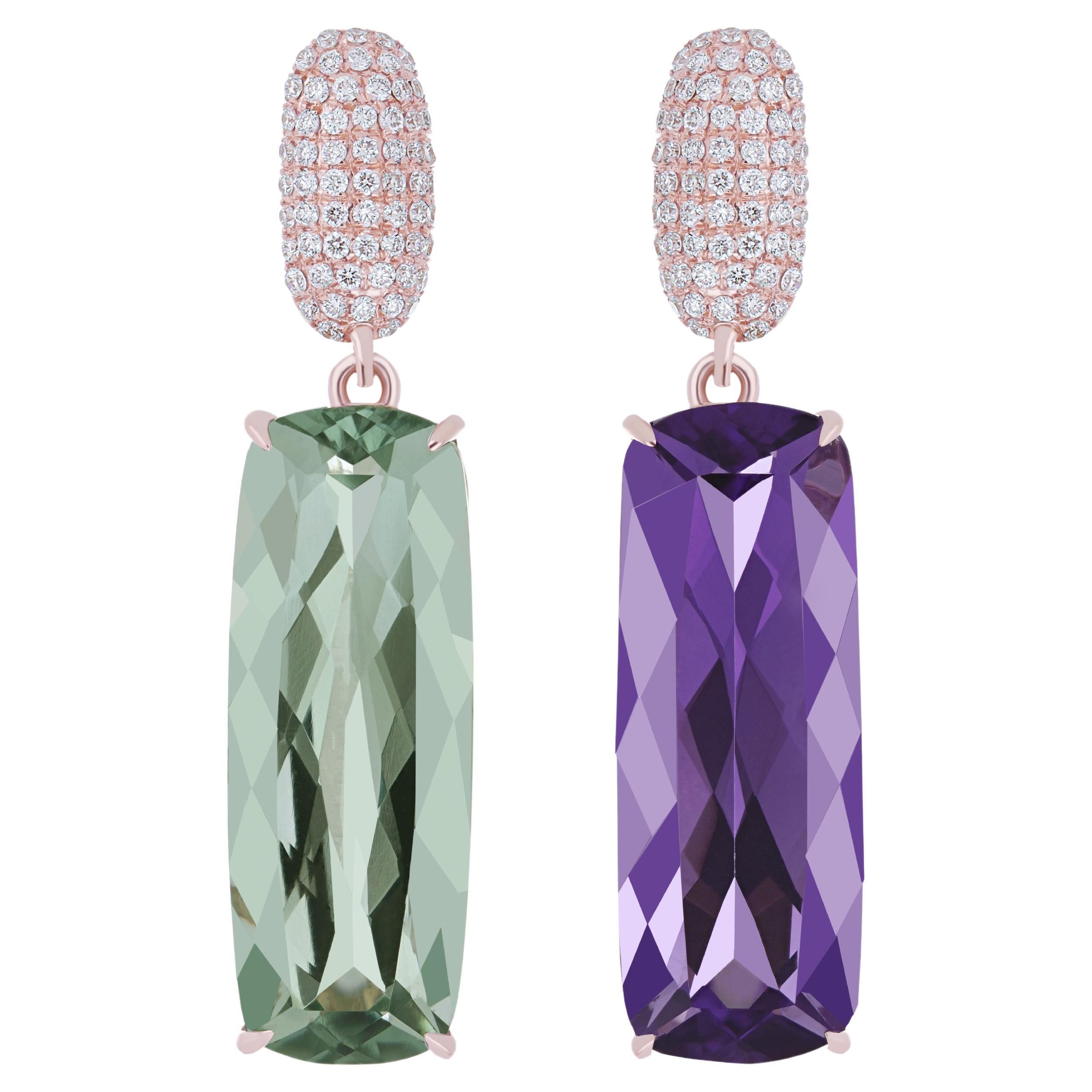 Boucles d'oreilles assorties en or rose 14 carats, quartz menthe, améthyste et diamant