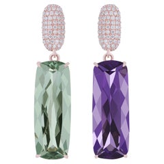 Boucles d'oreilles assorties en or rose 14 carats, quartz menthe, améthyste et diamant