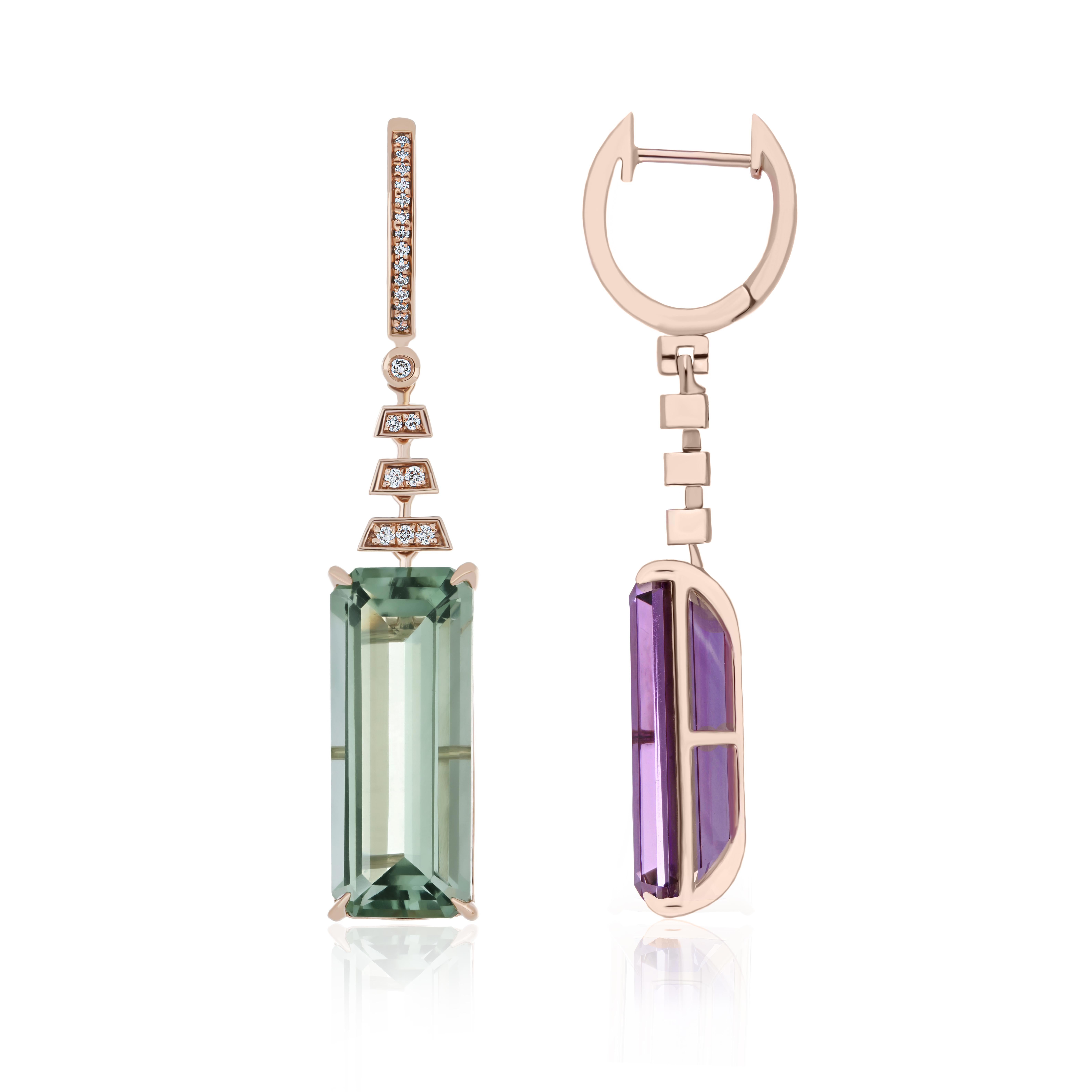 Elegant and Exquisitely Detailed Mis-matched pair of 14Karat Rose Gold Earring set with Octagon Cut Mint Quartz weighing approx.7.45Cts & Octagon Cut Amethyst weighing approx. 7.10Cts, and accented micro prove Set Diamond weighing approx. 0.17Cts