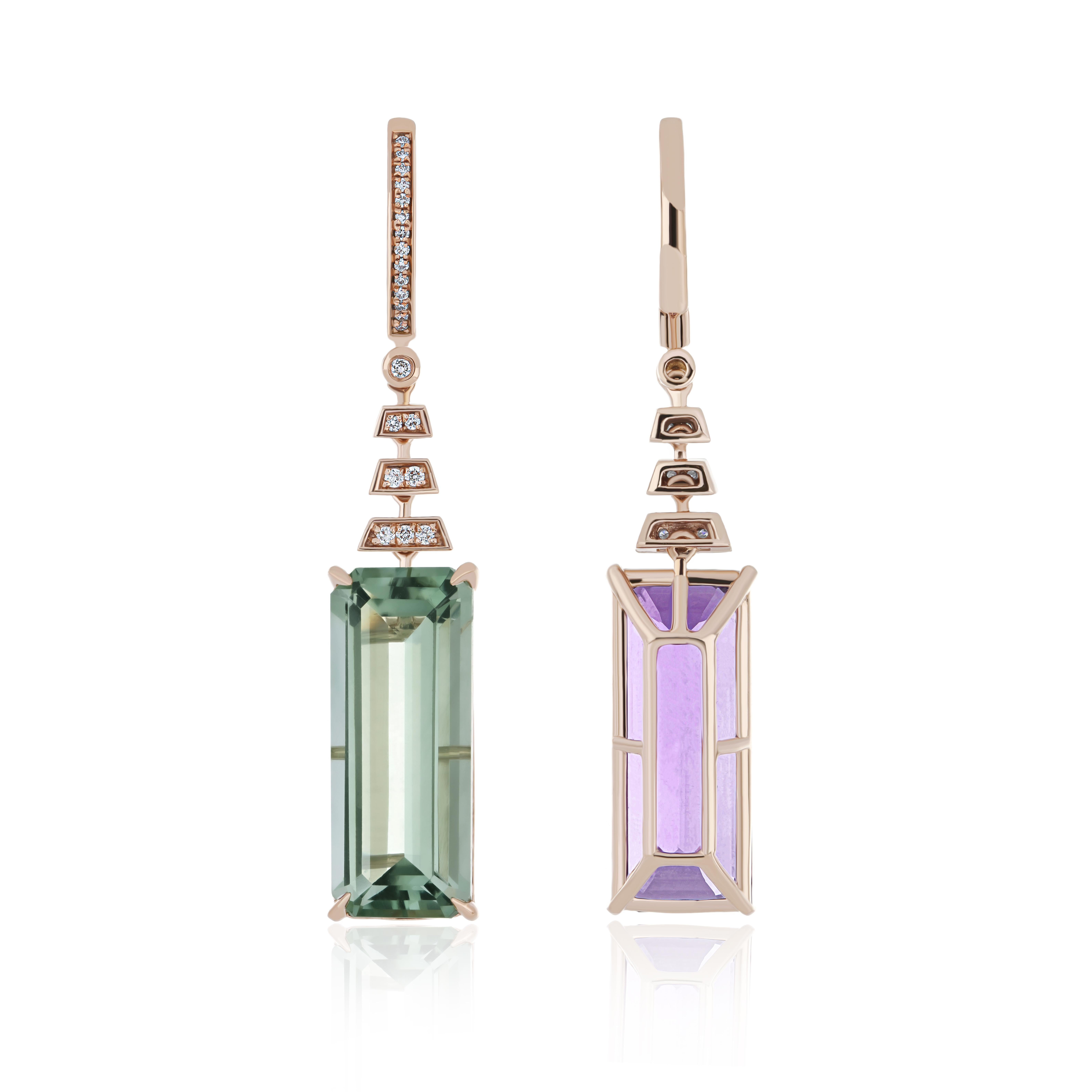 Octagon Cut Mint Quartz, Amethyst and Diamond Mismatch Earring in 14 Karat Rose Gold Earring For Sale