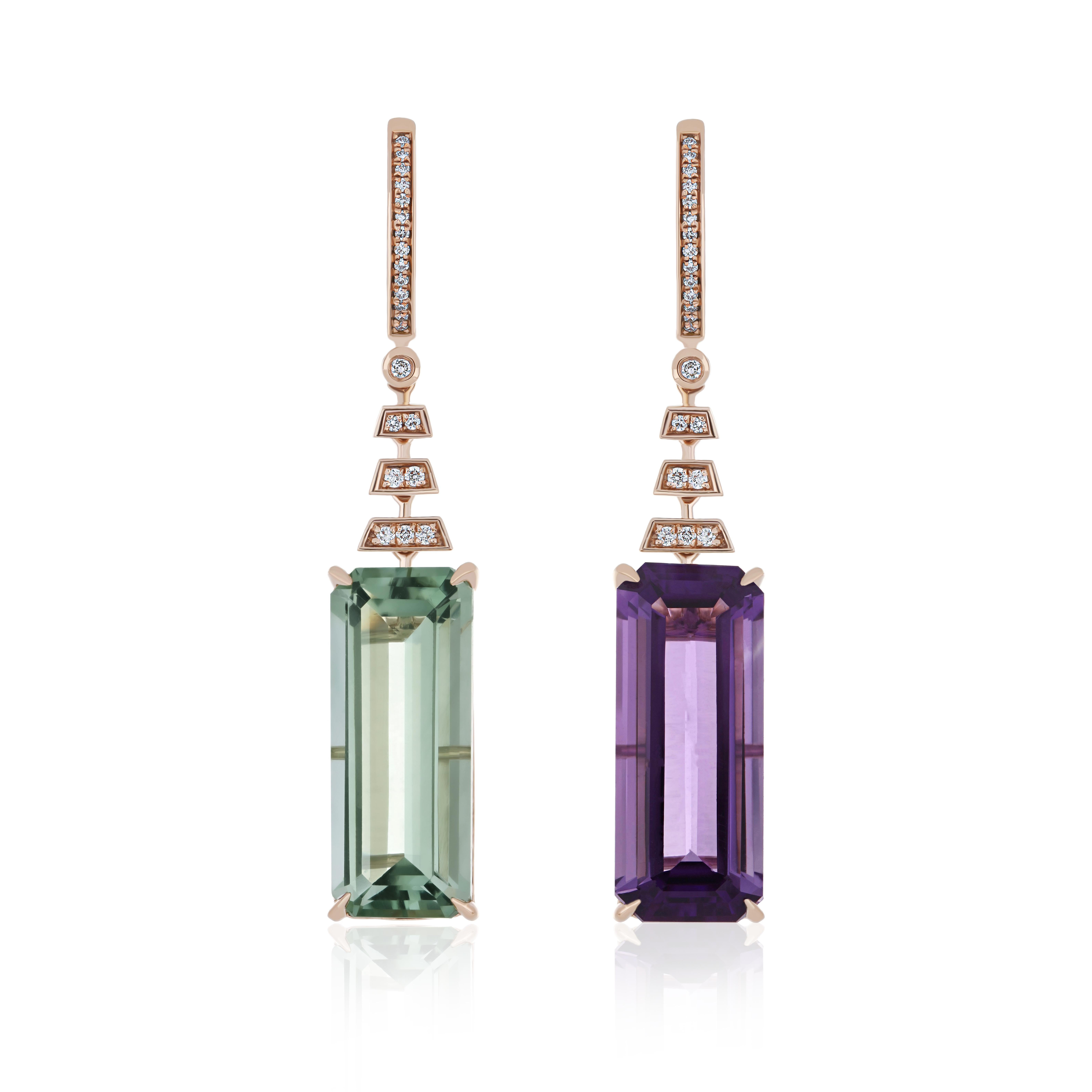 Mint Quartz, Amethyst and Diamond Mismatch Earring in 14 Karat Rose Gold Earring In New Condition For Sale In JAIPUR, IN