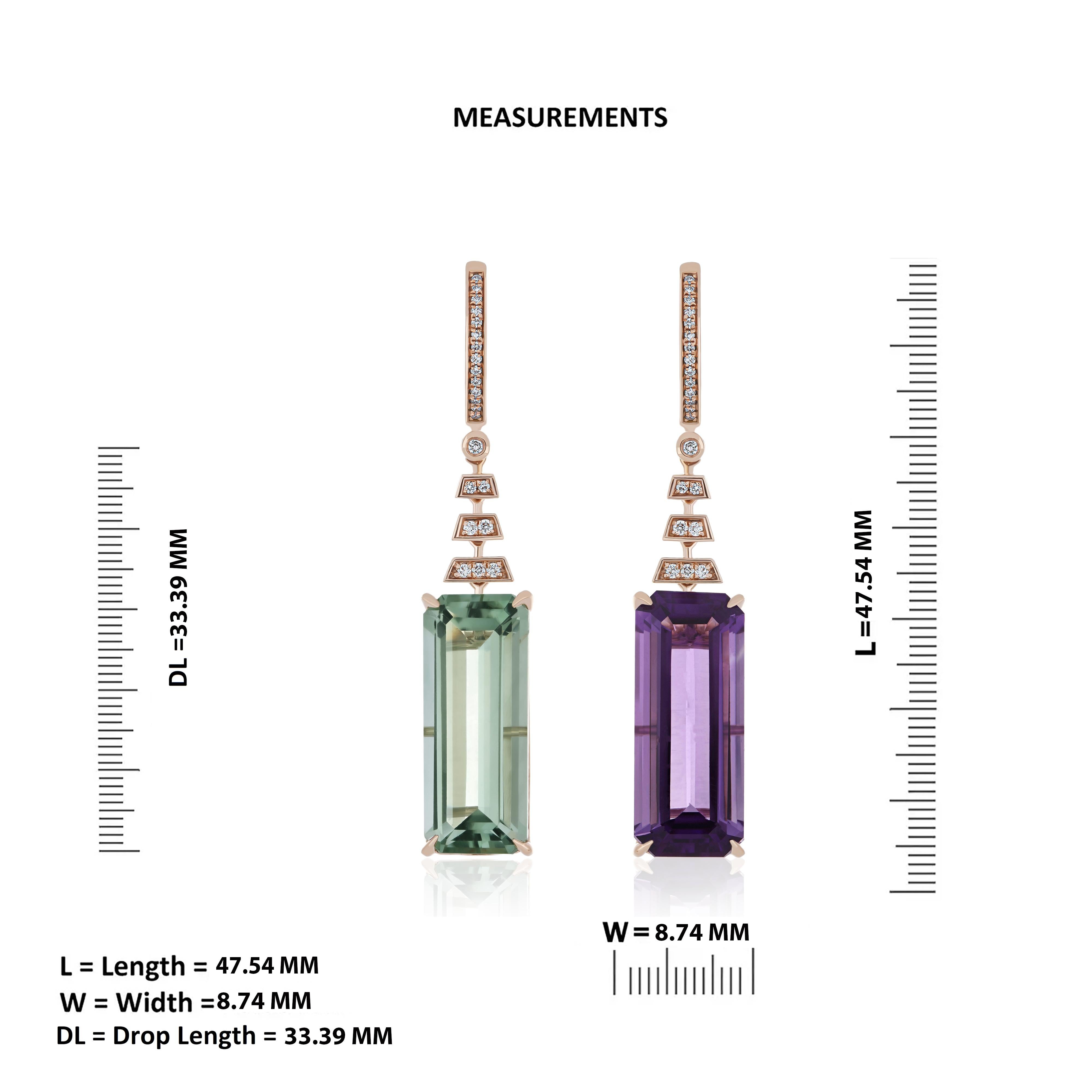 Women's Mint Quartz, Amethyst and Diamond Mismatch Earring in 14 Karat Rose Gold Earring For Sale