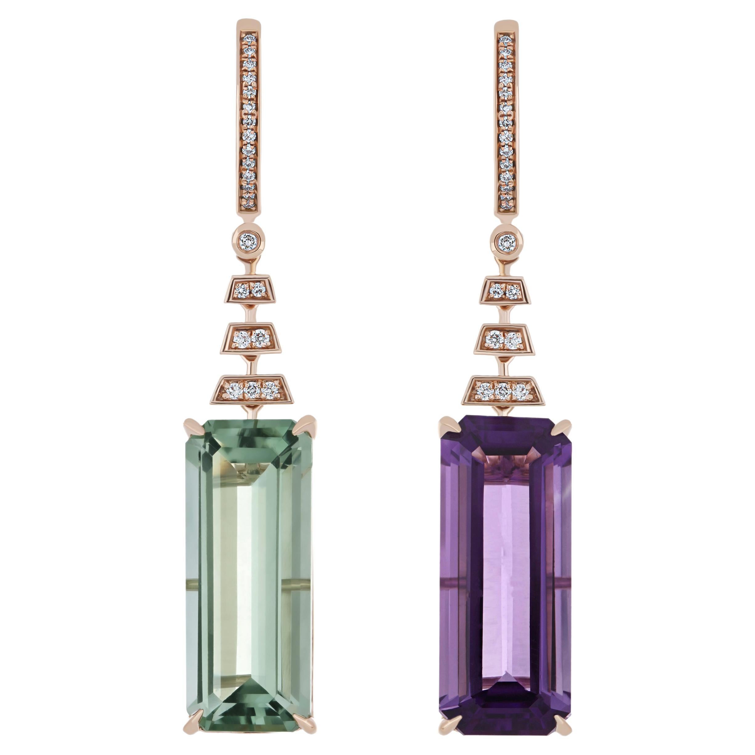 Mint Quartz, Amethyst and Diamond Mismatch Earring in 14 Karat Rose Gold Earring