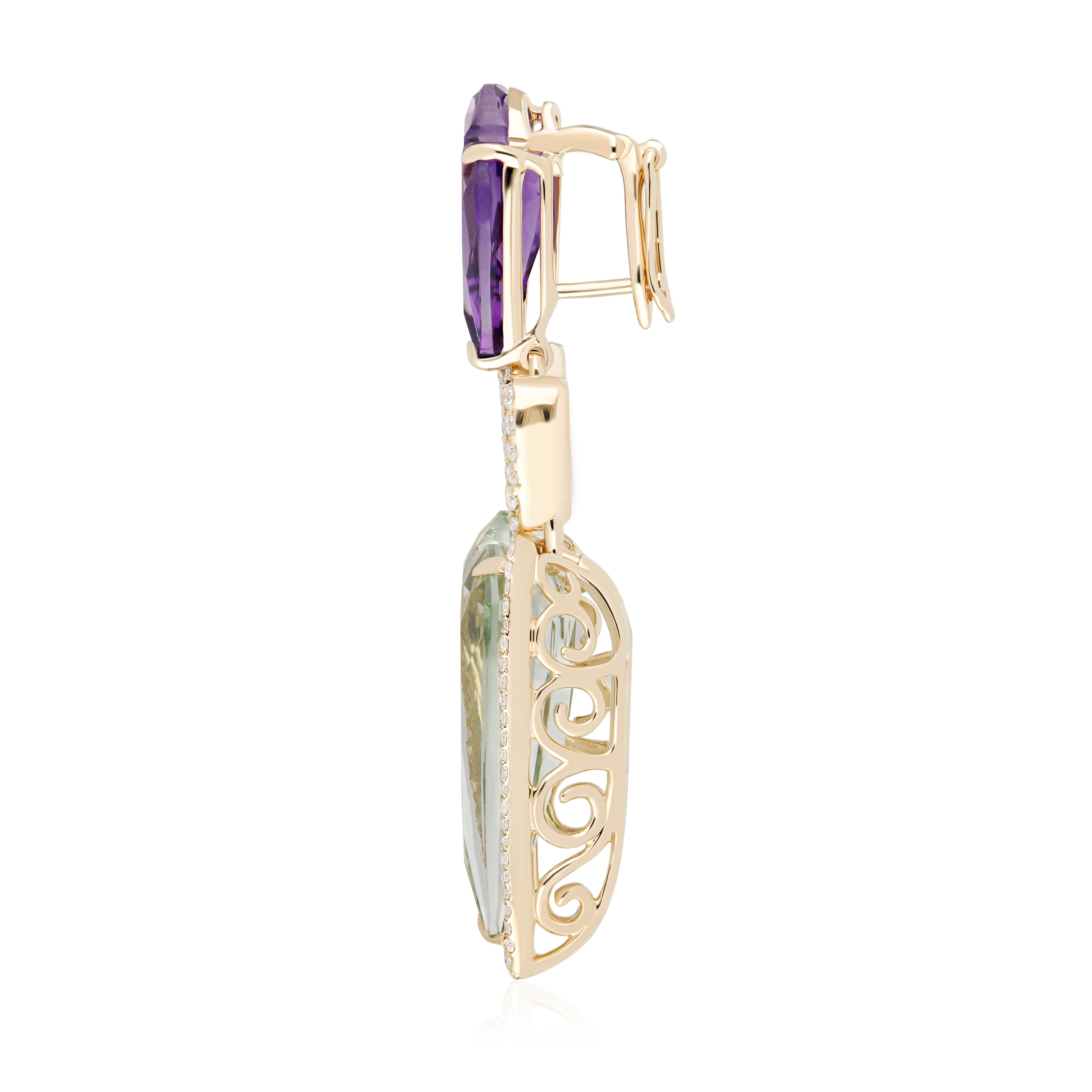 Pendentif en or jaune 14K avec quartz menthe, améthyste et diamant en vente 2
