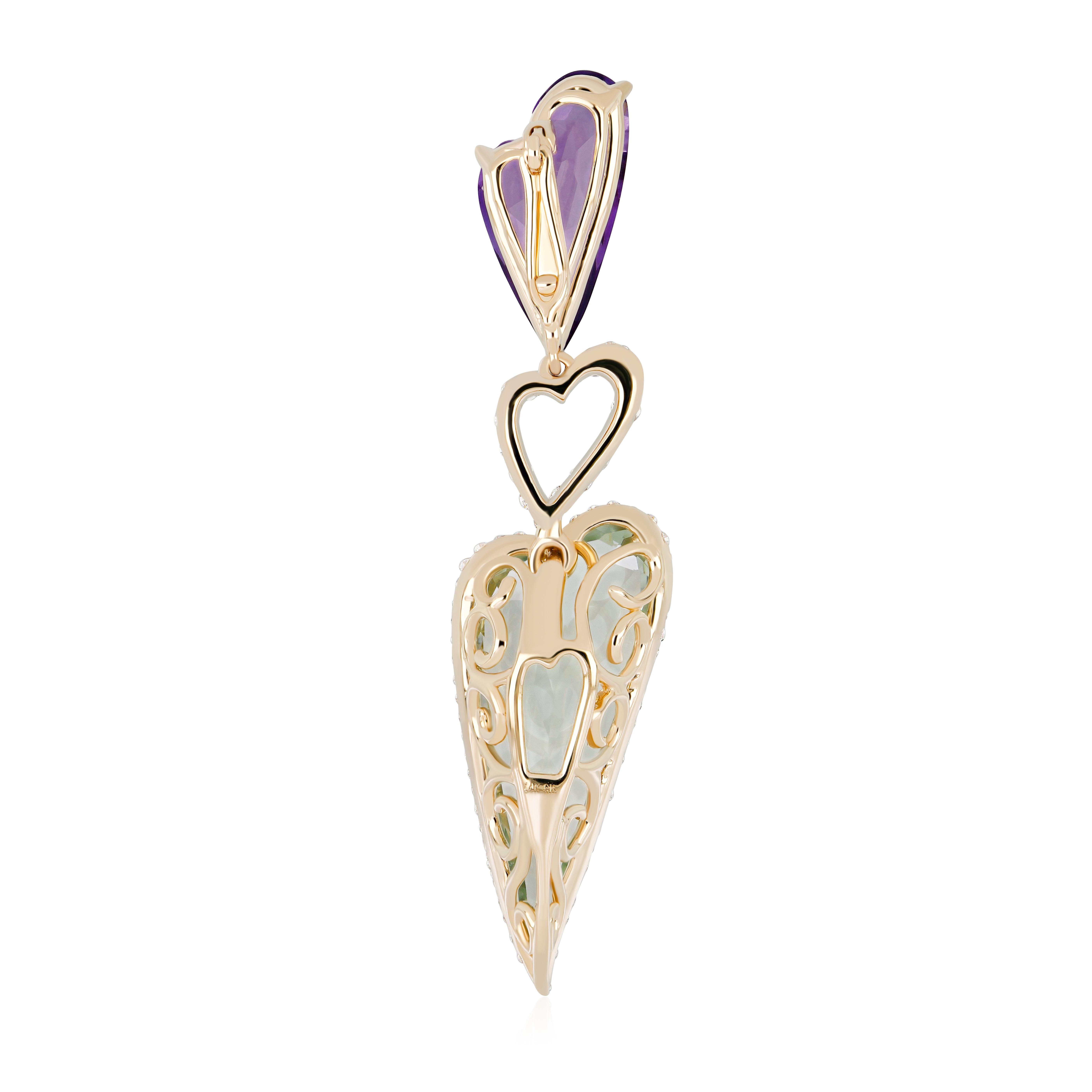 Pendentif en or jaune 14K avec quartz menthe, améthyste et diamant en vente 3