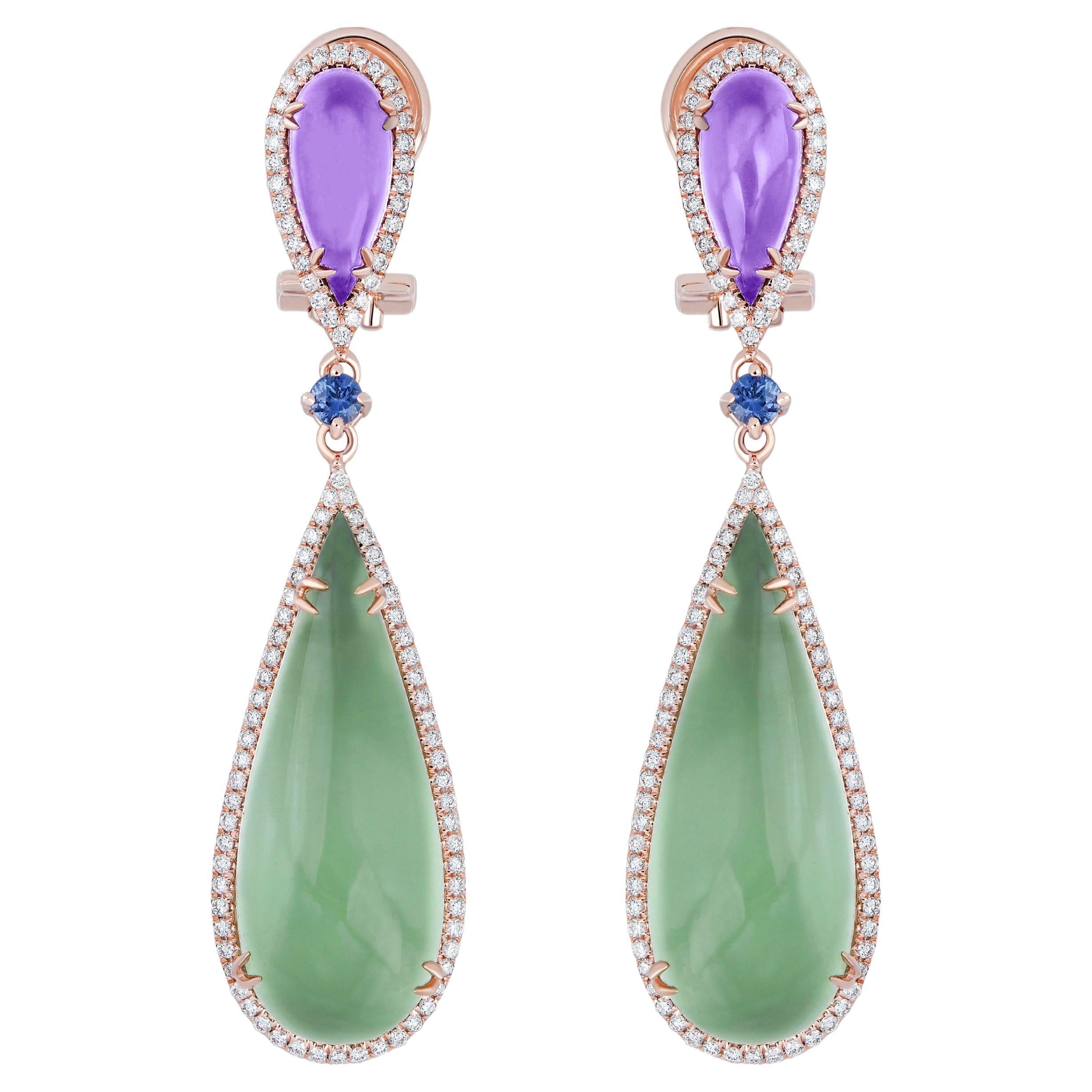 Mint Quartz, Amethyst, Blue Sapphire & Diamond Earring in 14K Rose Gold  Earring