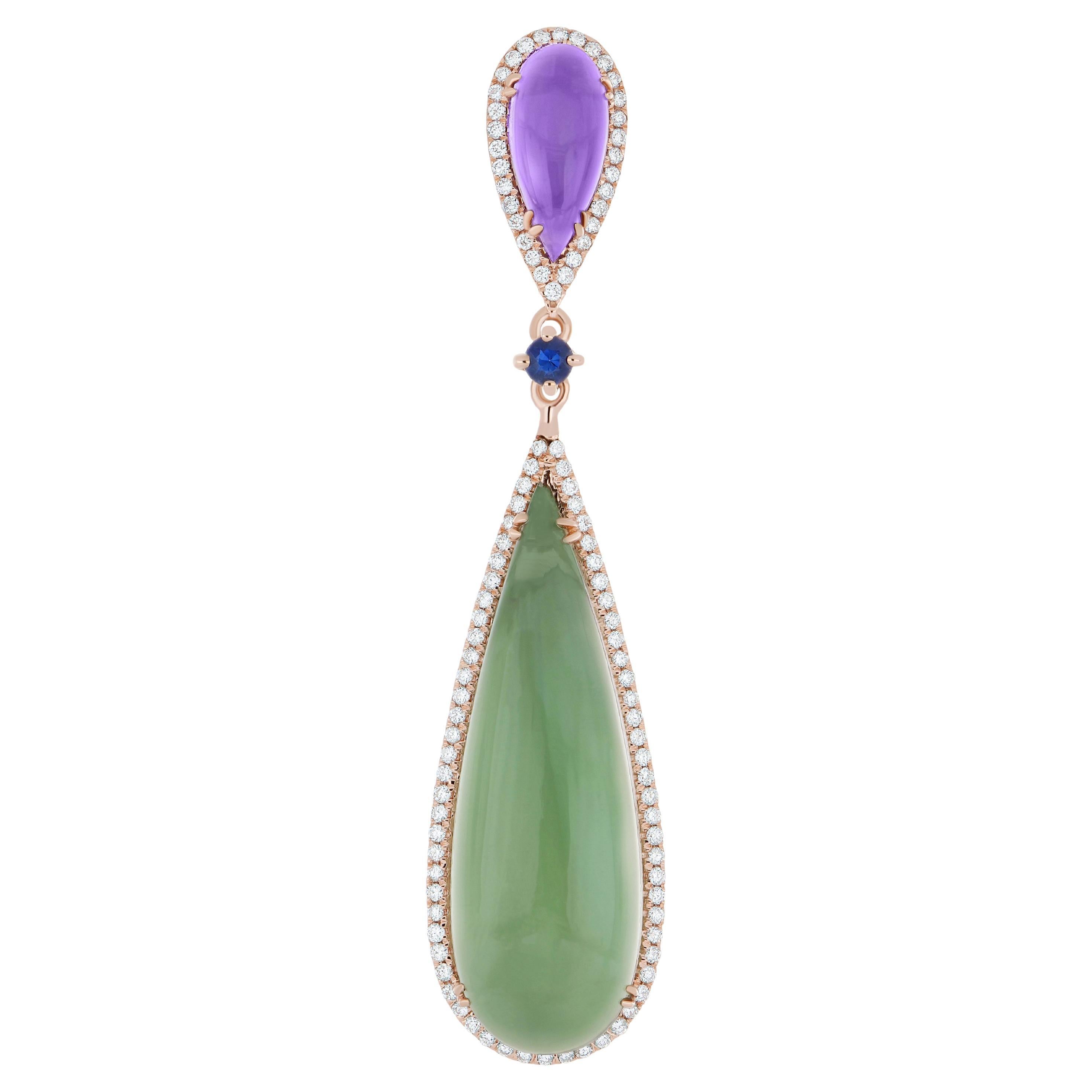 Colgante de Cuarzo Menta, Amatista, Zafiro Azul y Diamante en Oro Rosa de 14k  Colgante