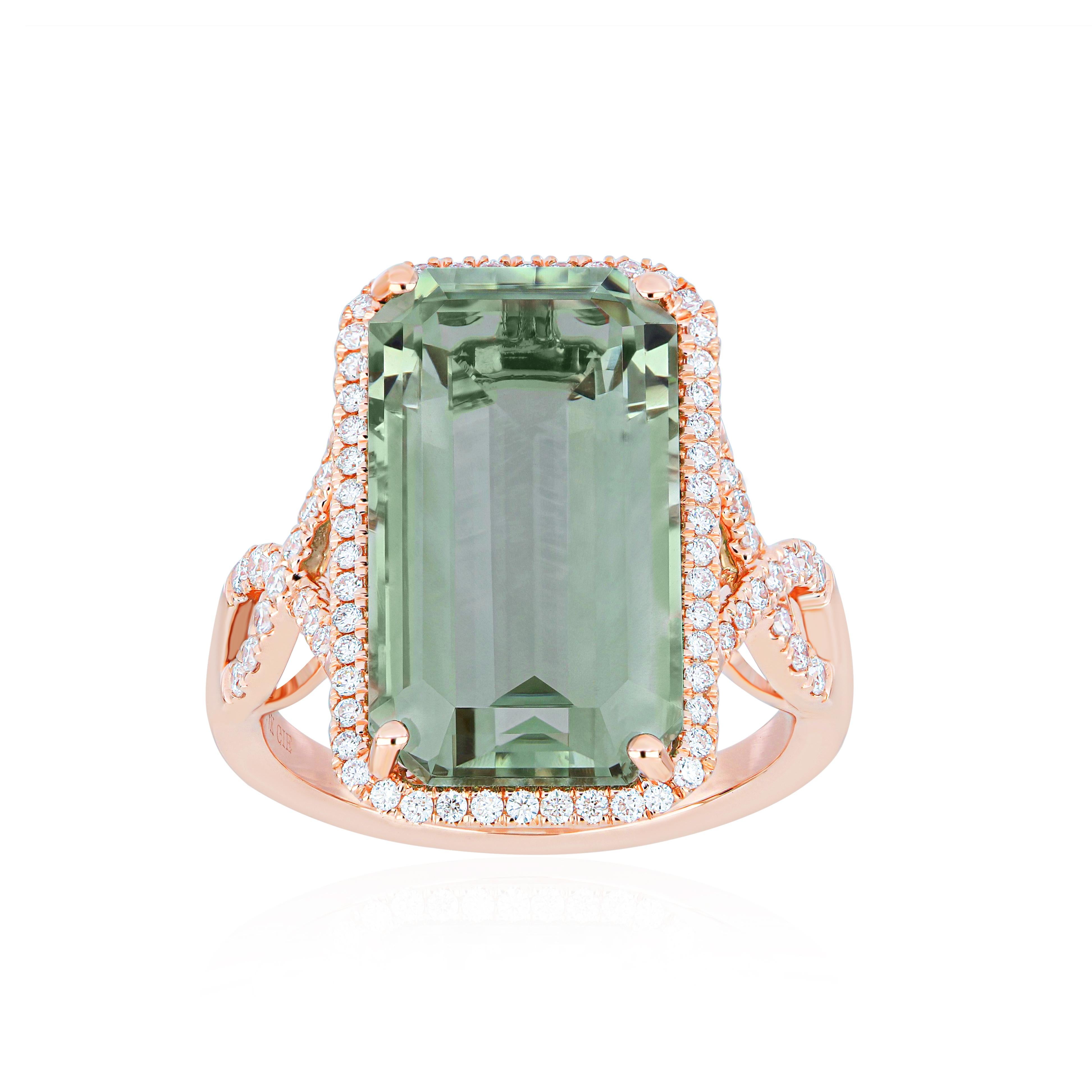 For Sale:  Mint Quartz and Diamond Ring in 14k Rose Gold Hand-Craft Ring 2