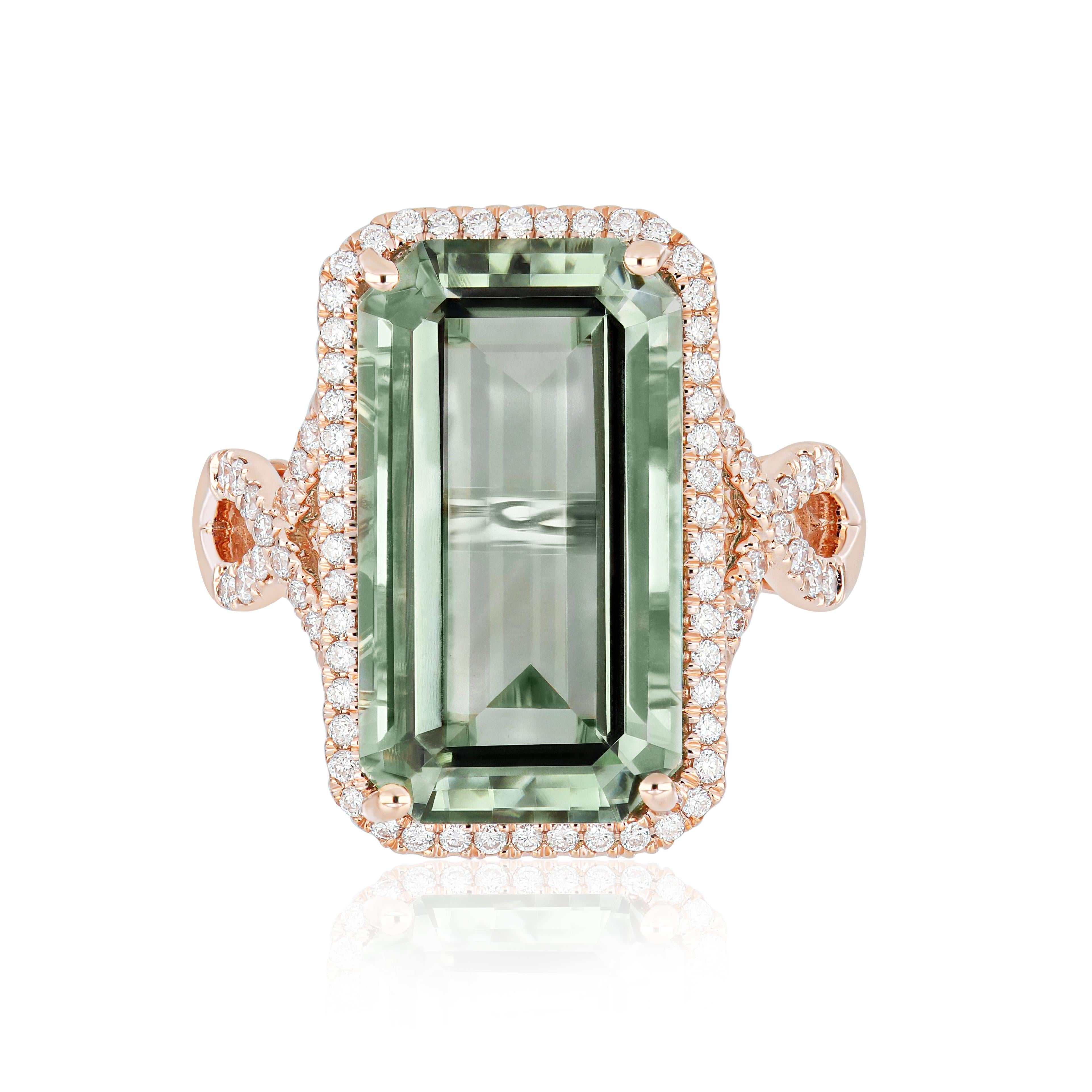 For Sale:  Mint Quartz and Diamond Ring in 14k Rose Gold Hand-Craft Ring 7