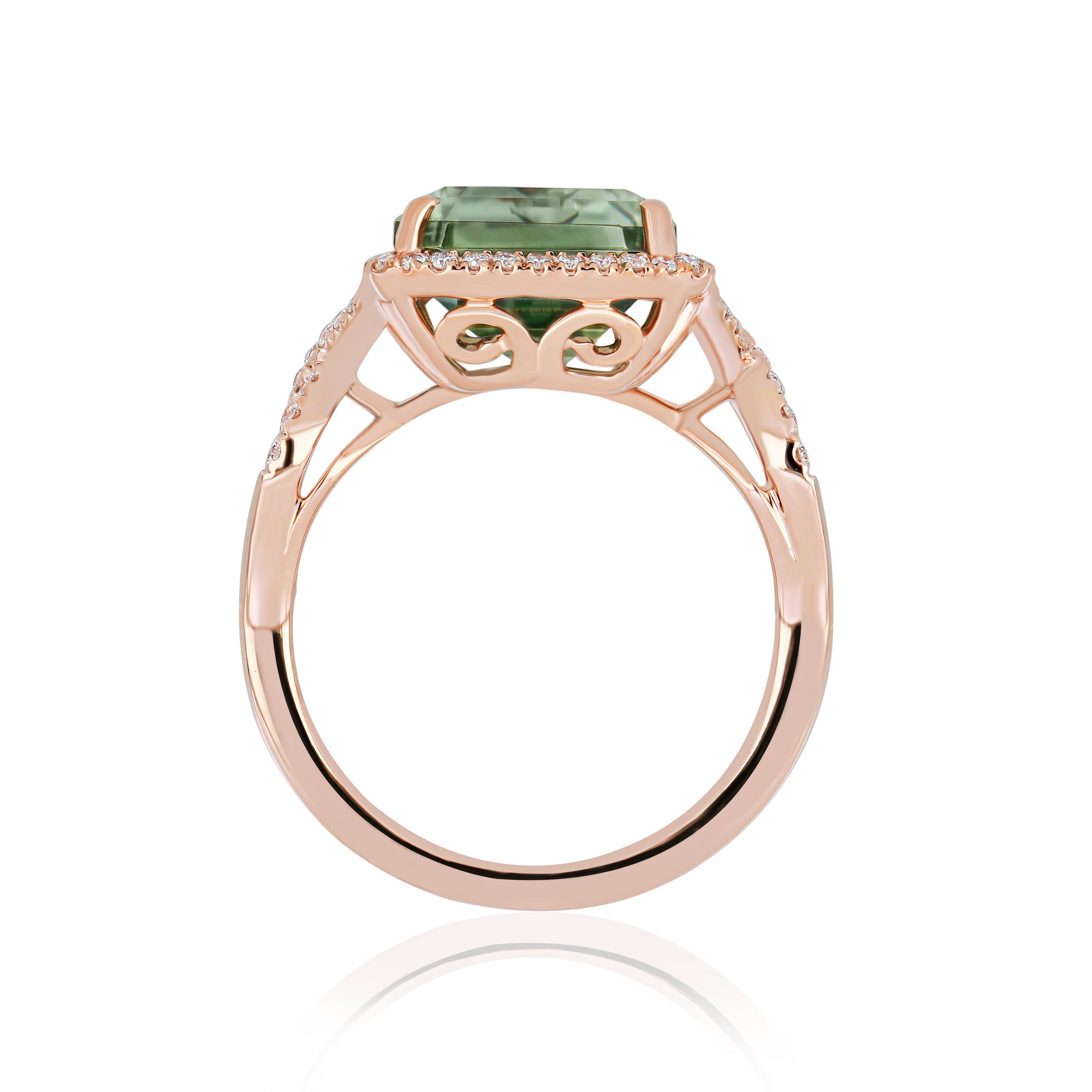 For Sale:  Mint Quartz and Diamond Ring in 14k Rose Gold Hand-Craft Ring 8