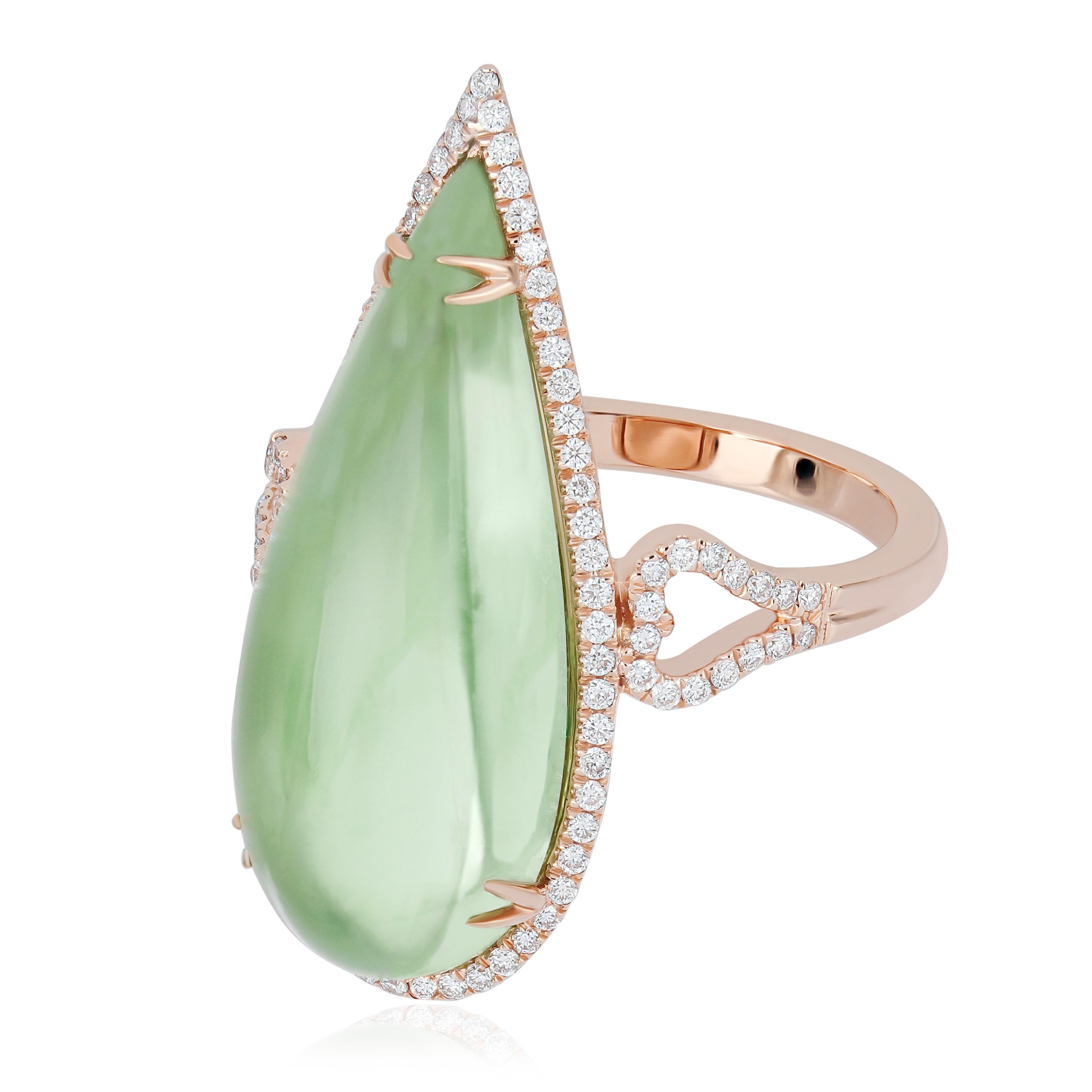 Experience the Epitome of Luxury: Impeccably Detailed 14 Karat Rose Gold Ring, featuring a Stunning  9.70 Cts (approx.) Pear-Cut Mint Quartz at Its Center, Embellished with Micro-Set Diamonds Weighing Approximately 0.32 CT's. Meticulously