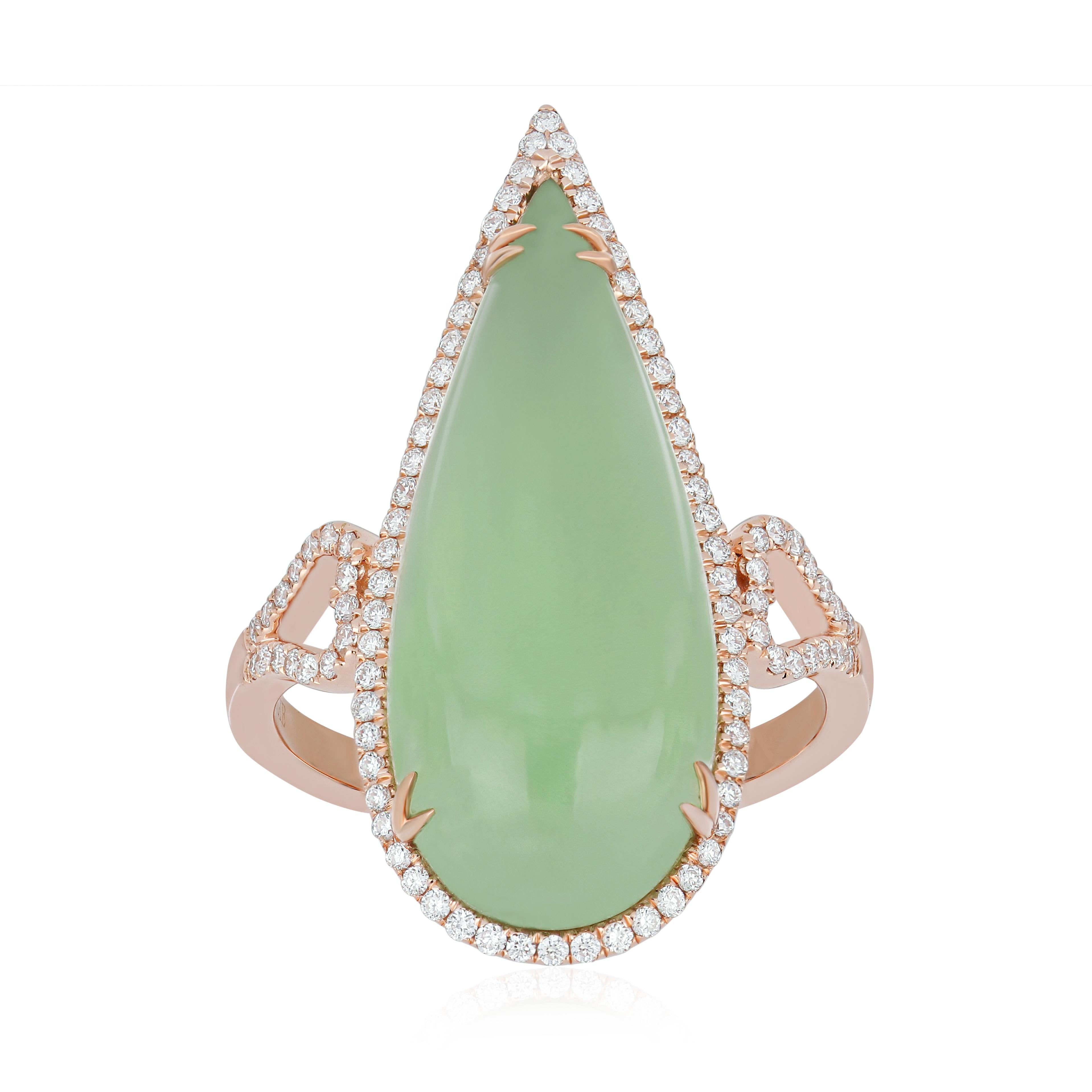 Pear Cut Mint Quartz and Diamond Ring in 14karat Rose Gold Hand-Craft Ring For Sale