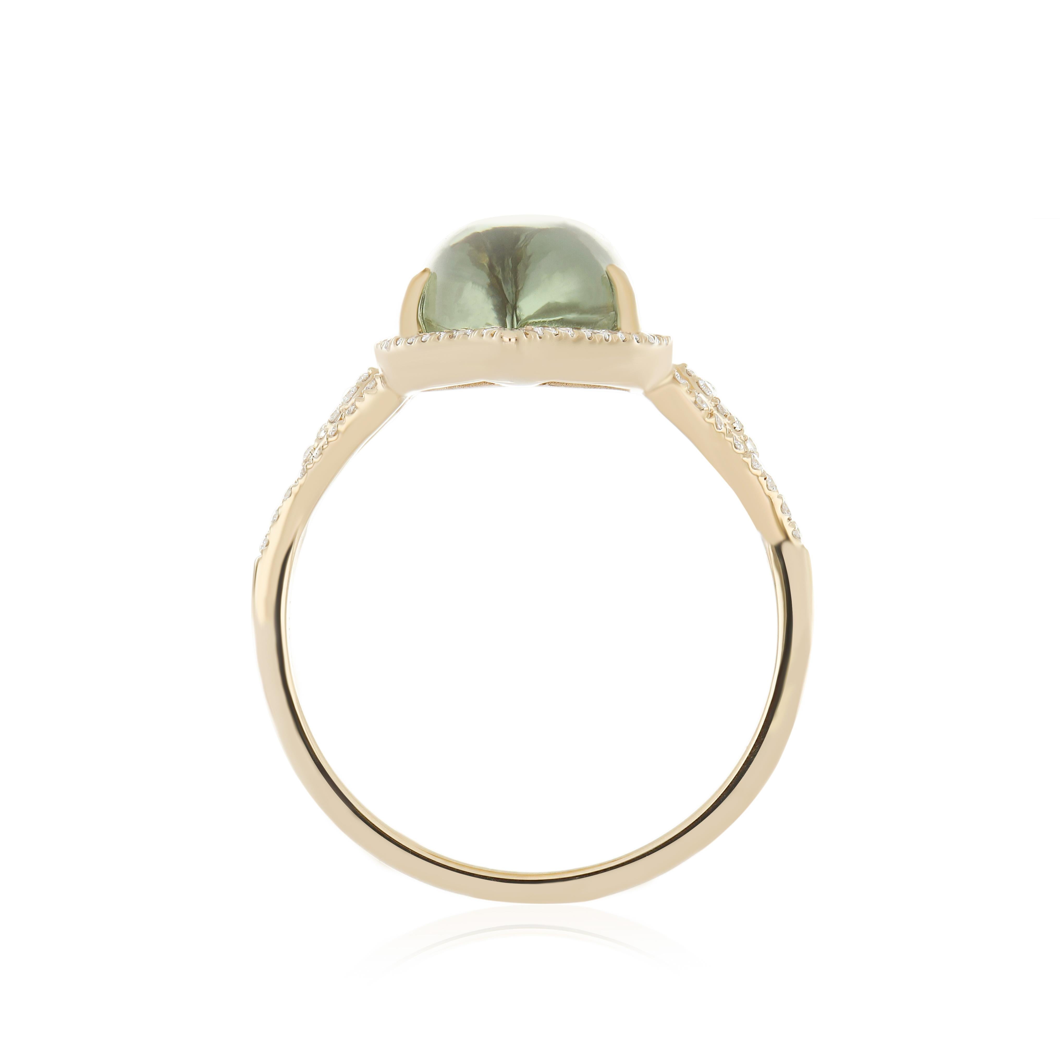 Experience the Epitome of Luxury: Impeccably Detailed 14 Karat Yellow Gold Ring, featuring a Stunning  5.45 Cts (approx.) Fancy-Cut Mint Quartz at Its Center, Embellished with Micro-Set Diamonds Weighing Approximately 0.34 CT's. Meticulously