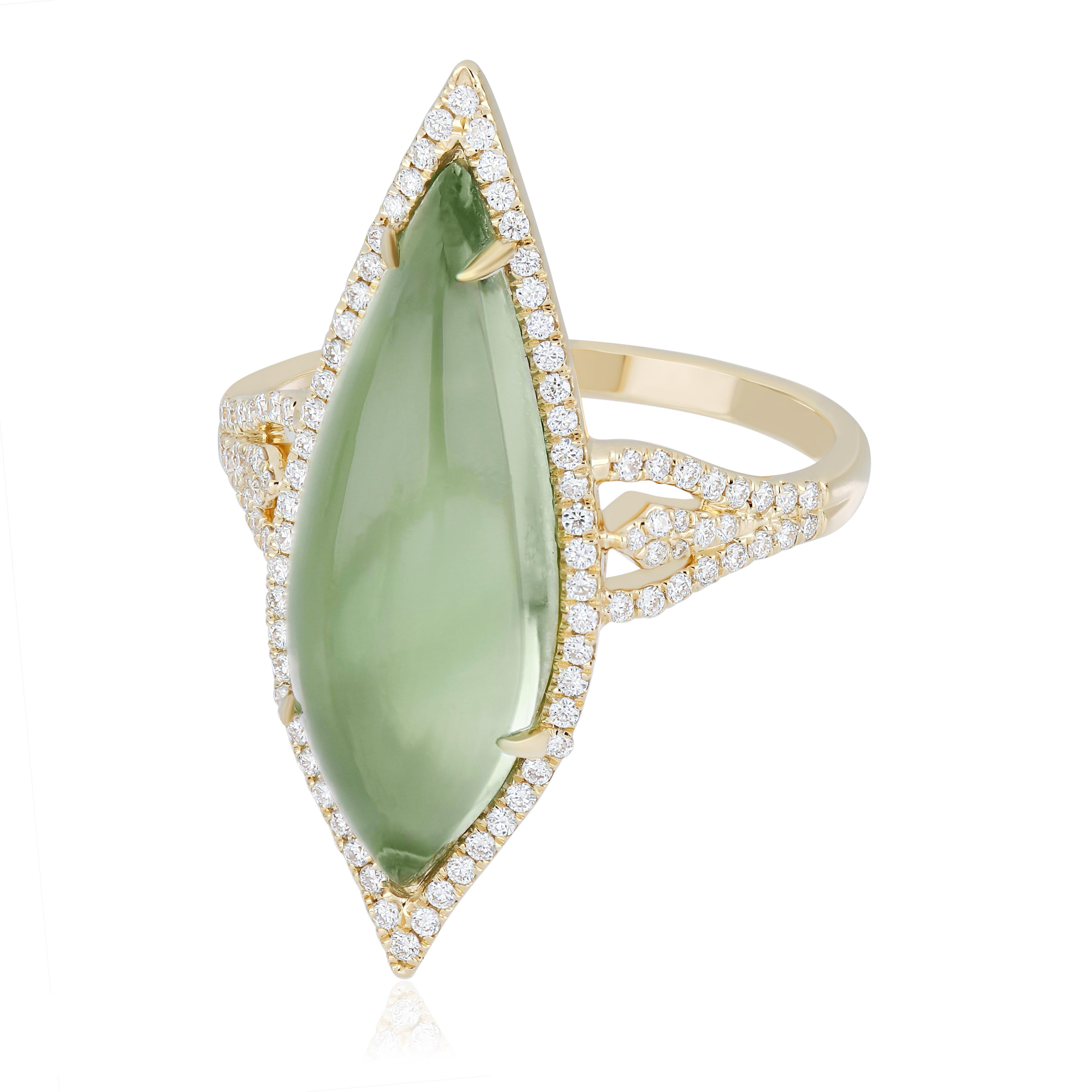 Mint Quartz and Diamond Ring in 14karat Yellow Gold Hand-Craft Beautiful Ring In New Condition For Sale In JAIPUR, IN