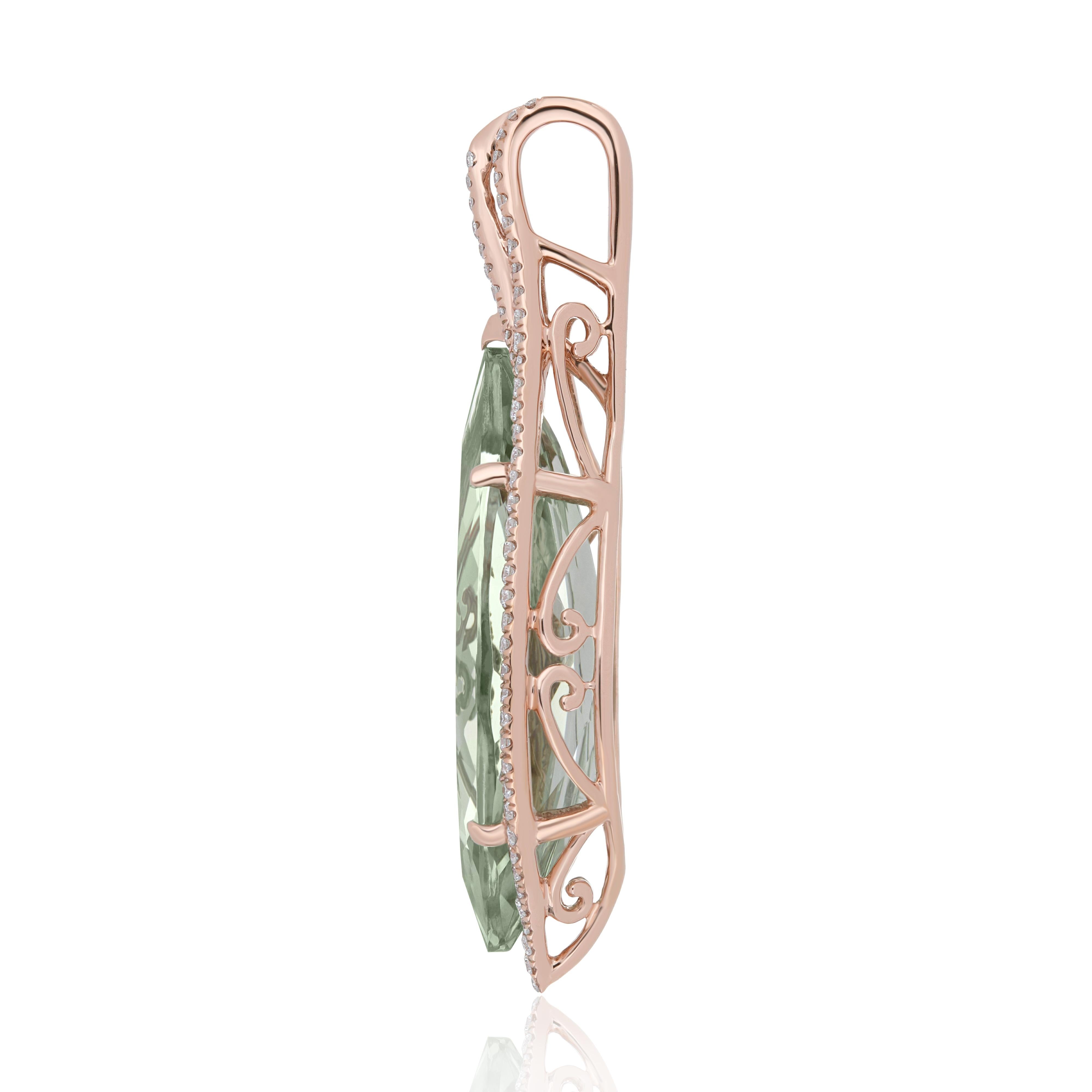 Marquise Cut Mint Quartz and Diamond Studded Pendant in 14 Karat Yellow Gold For Sale