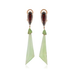 Mint Quartz, Garnet, Tsavorite and Diamond Earring 14K Yellow Gold Hand-Craft