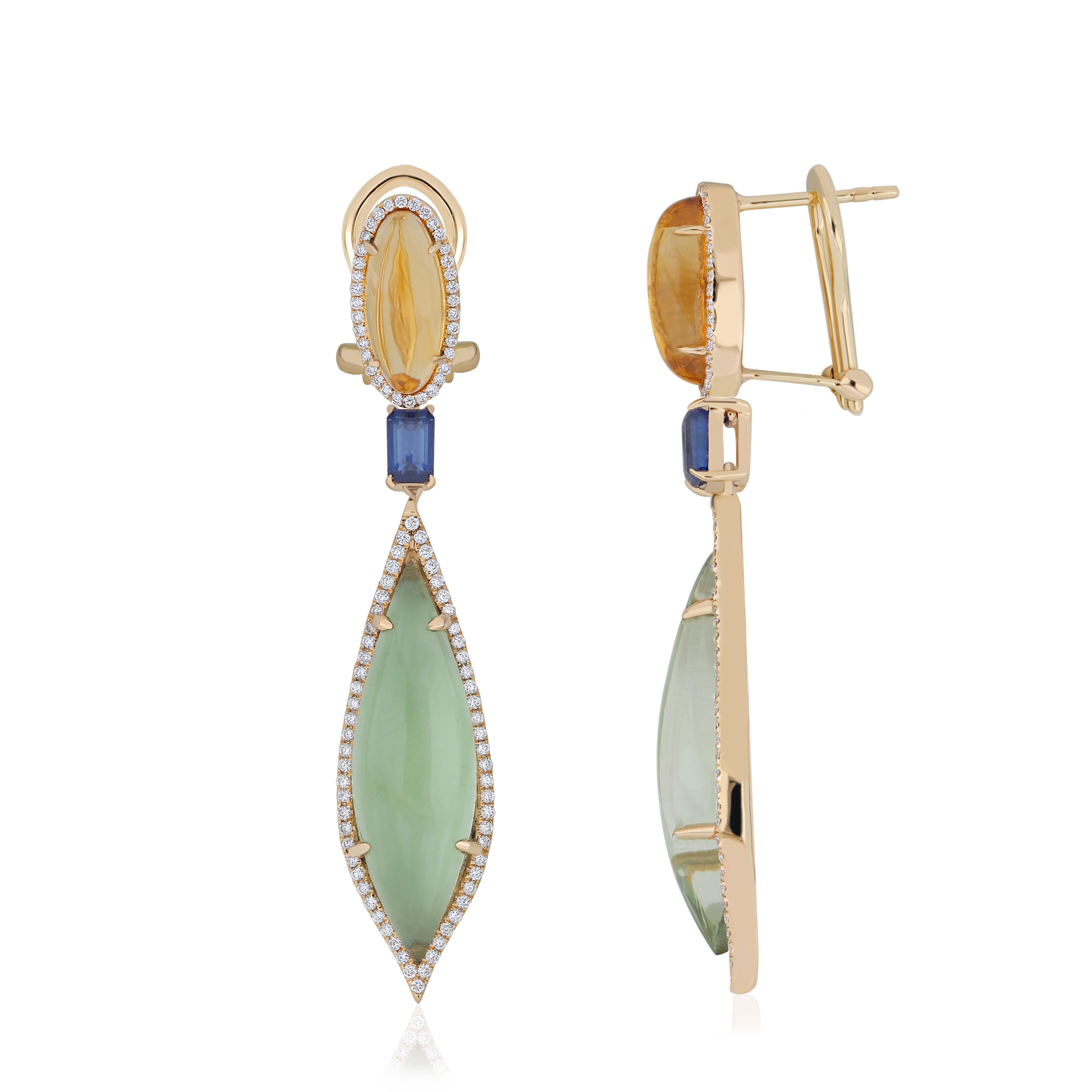 Collar y Juego de Pendientes de Cuarzo Menta, Cianita, Citrino y Diamante en Oro Amarillo de 14k Moderno en venta
