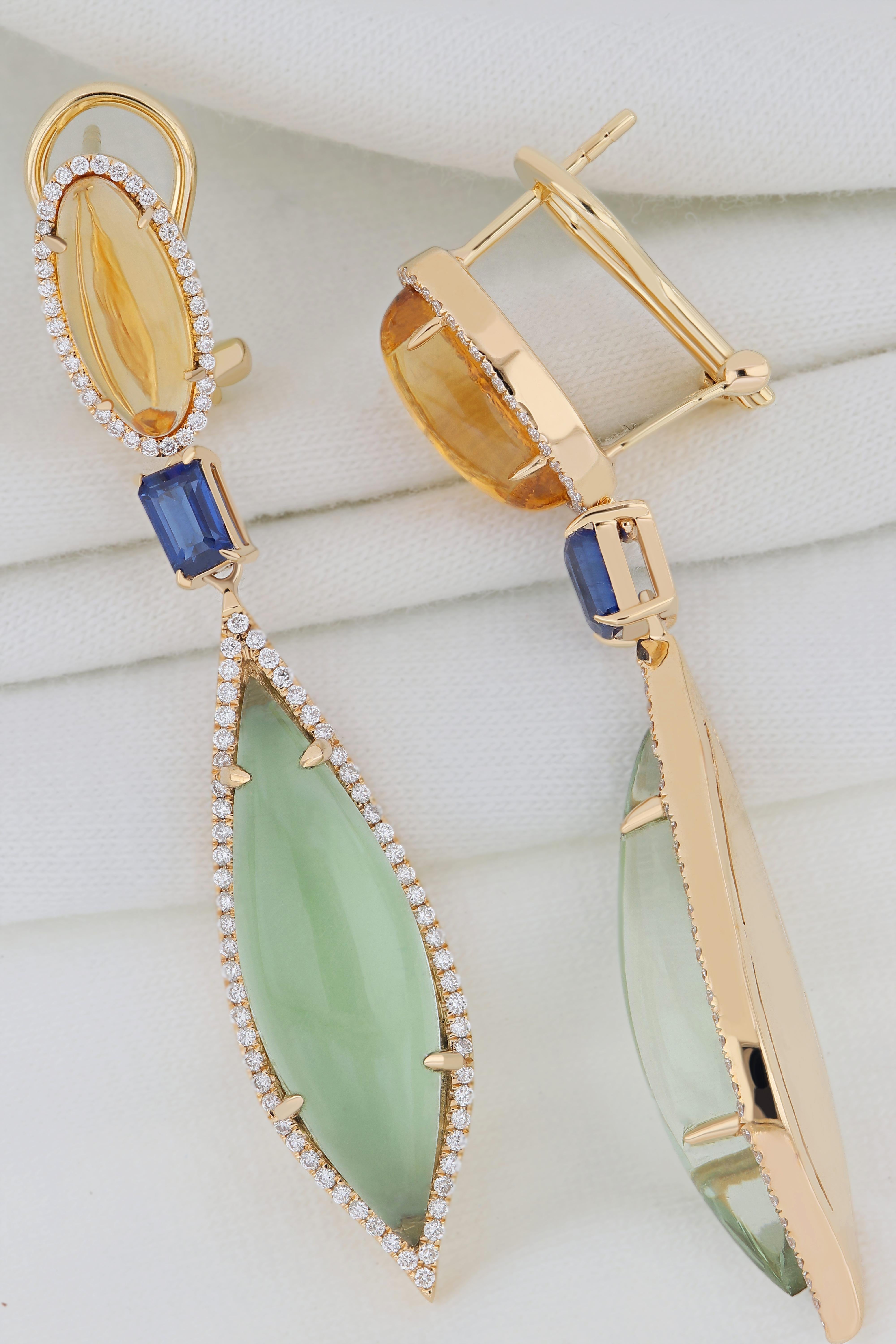 Collar y Juego de Pendientes de Cuarzo Menta, Cianita, Citrino y Diamante en Oro Amarillo de 14k en Nuevo estado para la venta en JAIPUR, IN