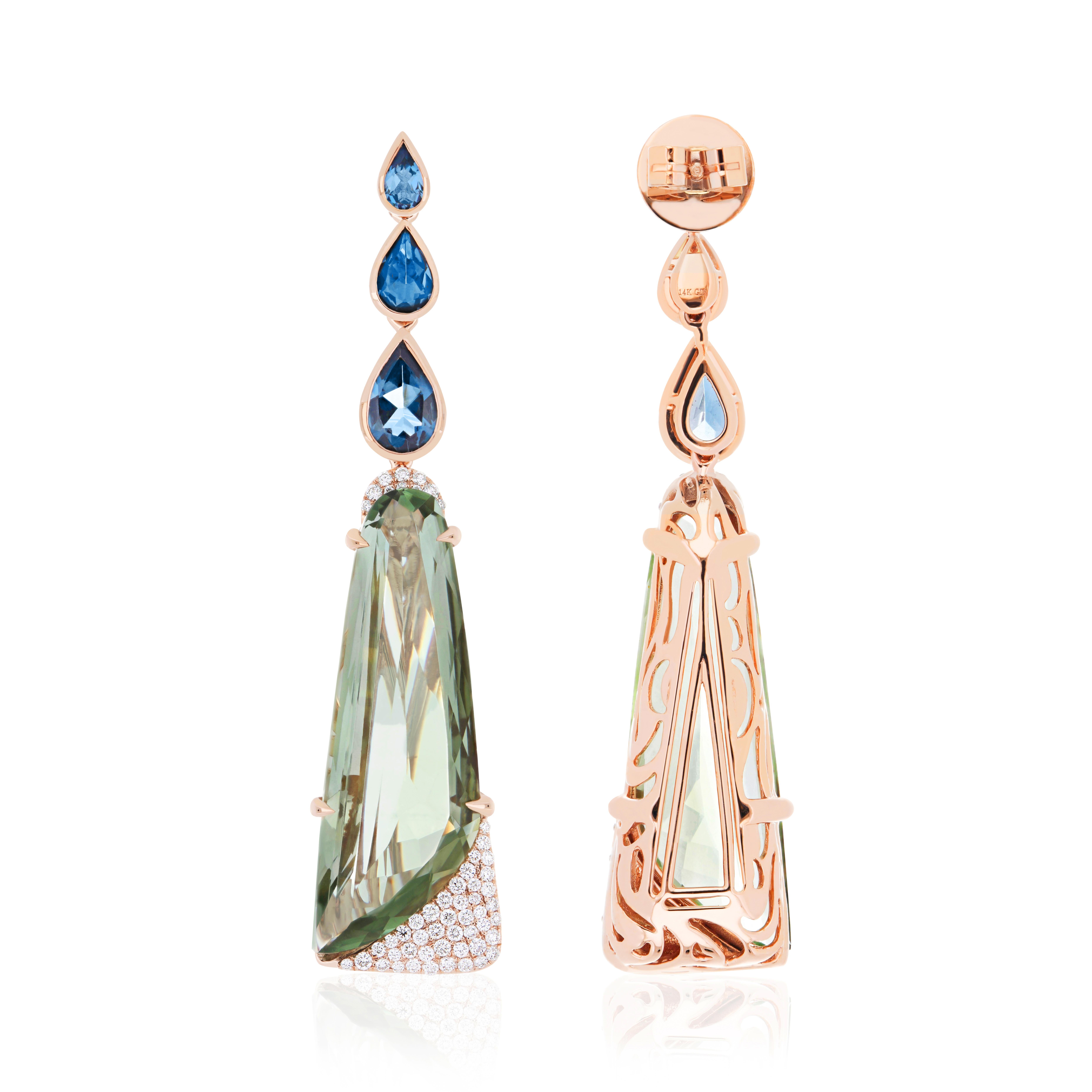 For Sale:  Mint Quartz London Blue Topaz and Diamond Elongated Ring Earring and Pendant Set 11