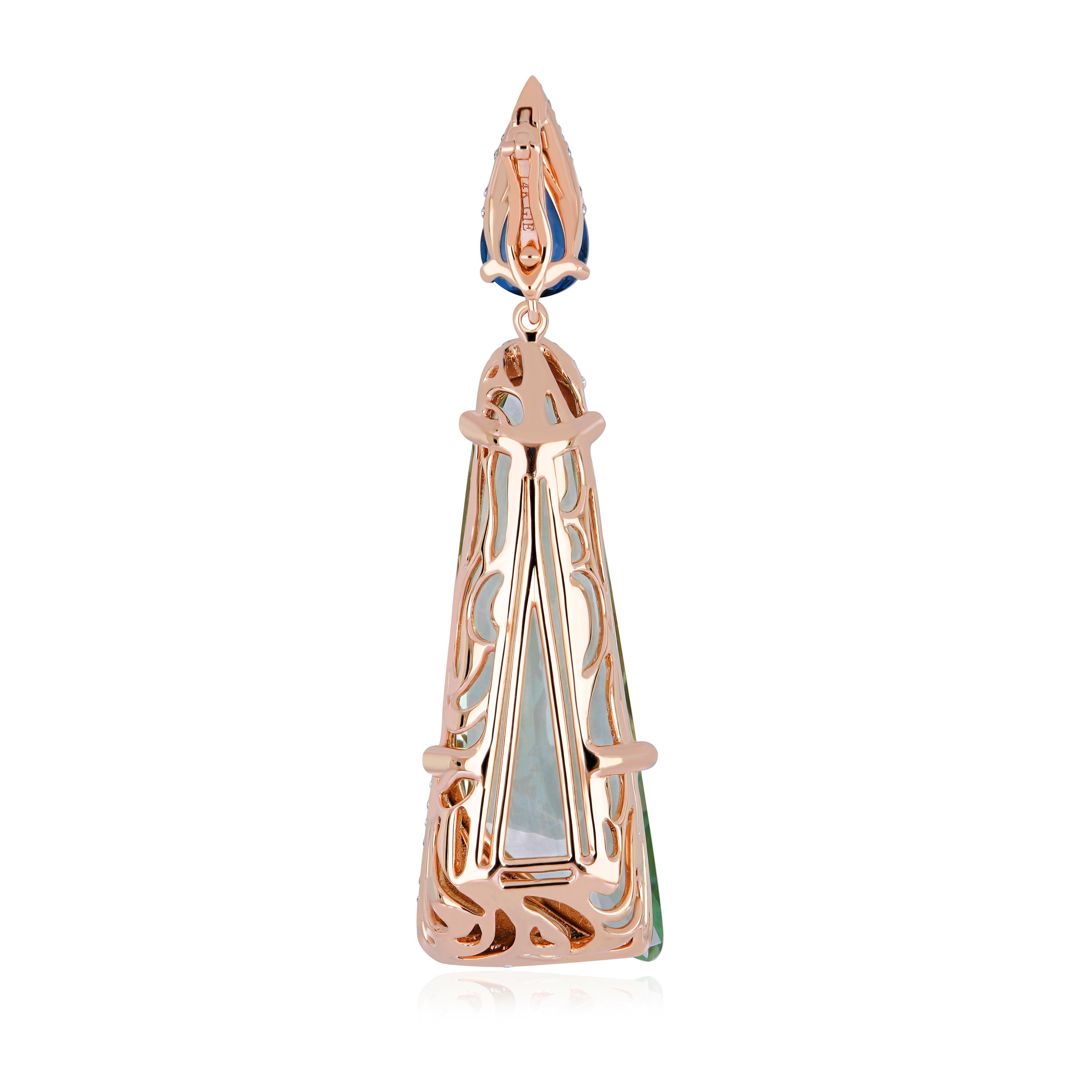 For Sale:  Mint Quartz London Blue Topaz and Diamond Elongated Ring Earring and Pendant Set 14