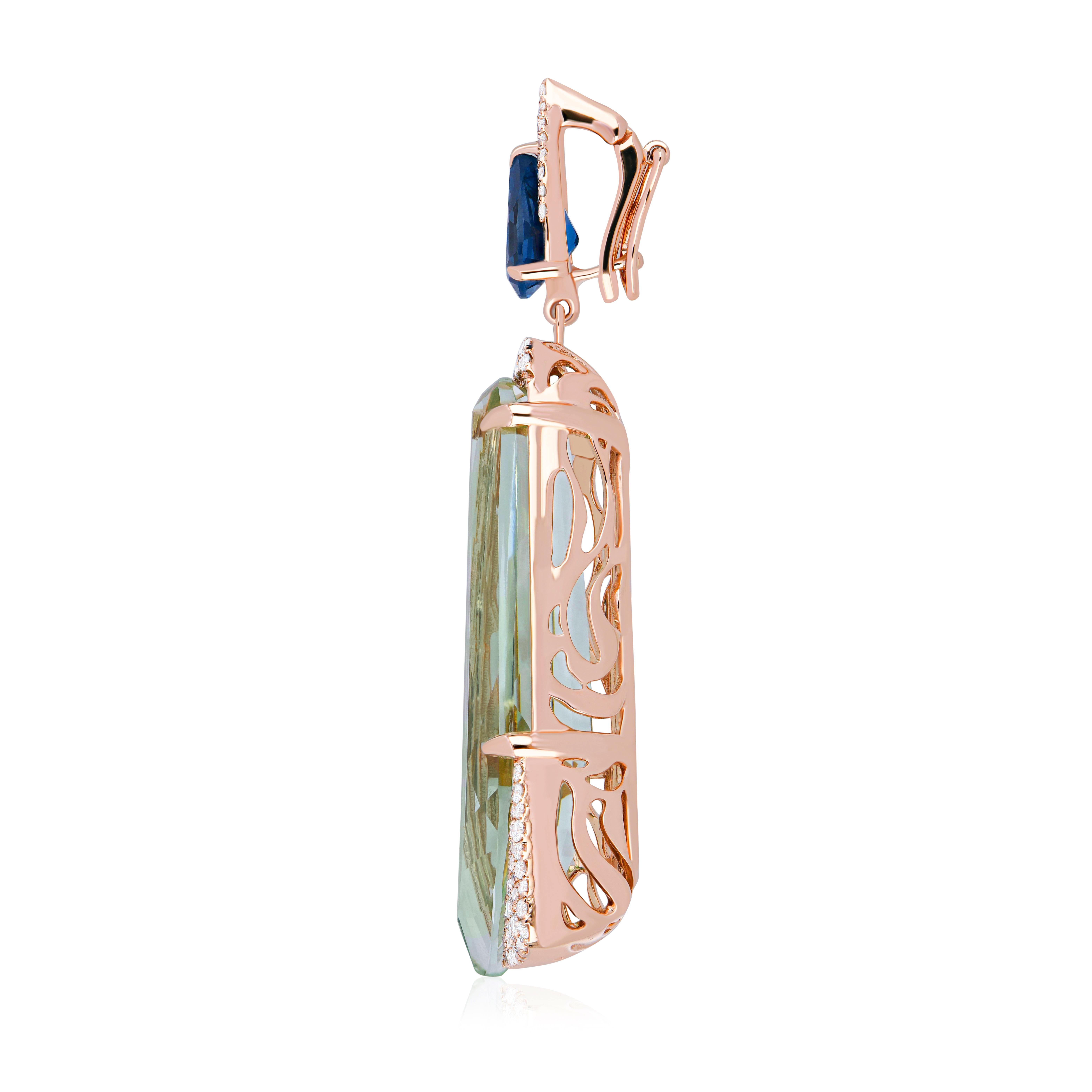 For Sale:  Mint Quartz London Blue Topaz and Diamond Elongated Ring Earring and Pendant Set 15