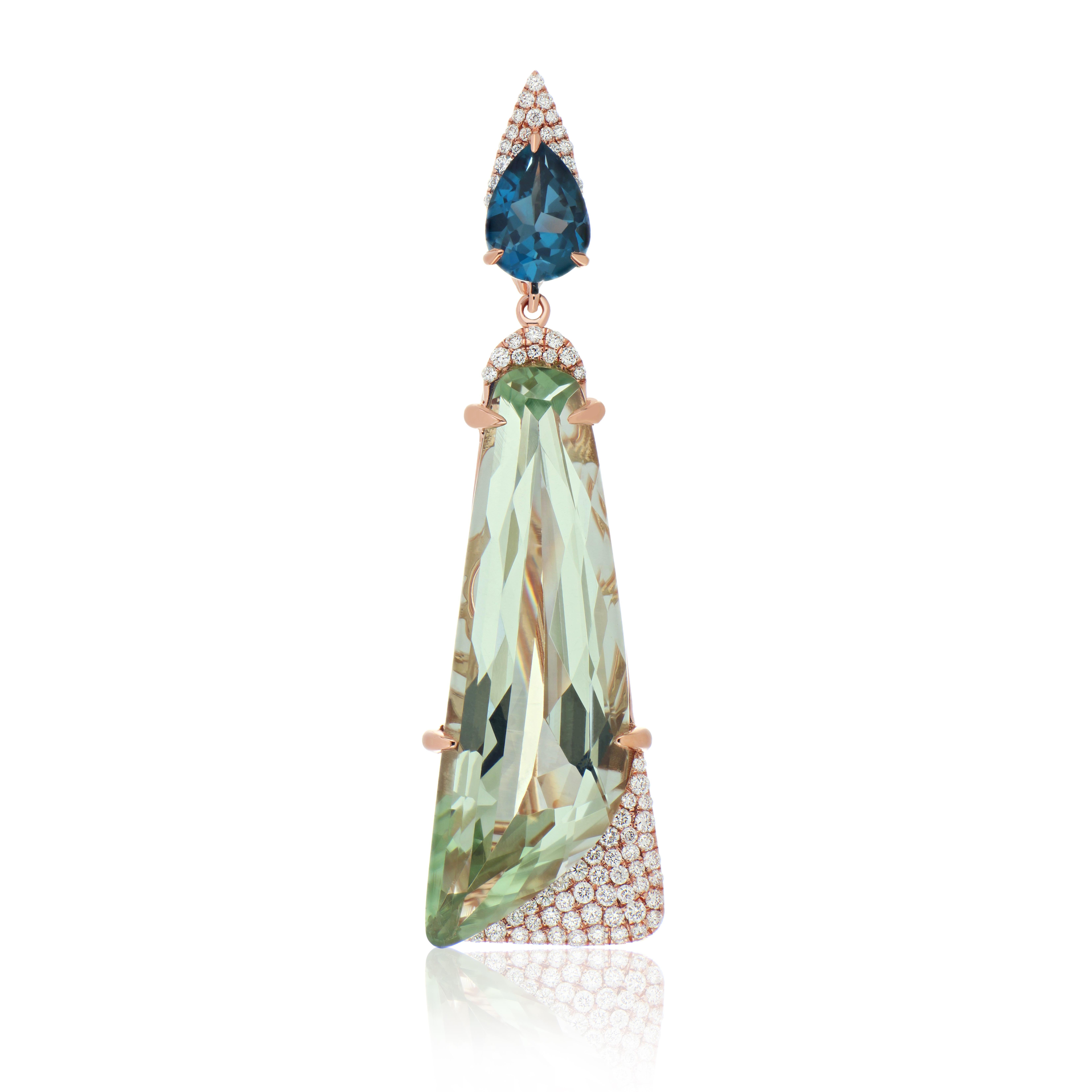 For Sale:  Mint Quartz London Blue Topaz and Diamond Elongated Ring Earring and Pendant Set 17