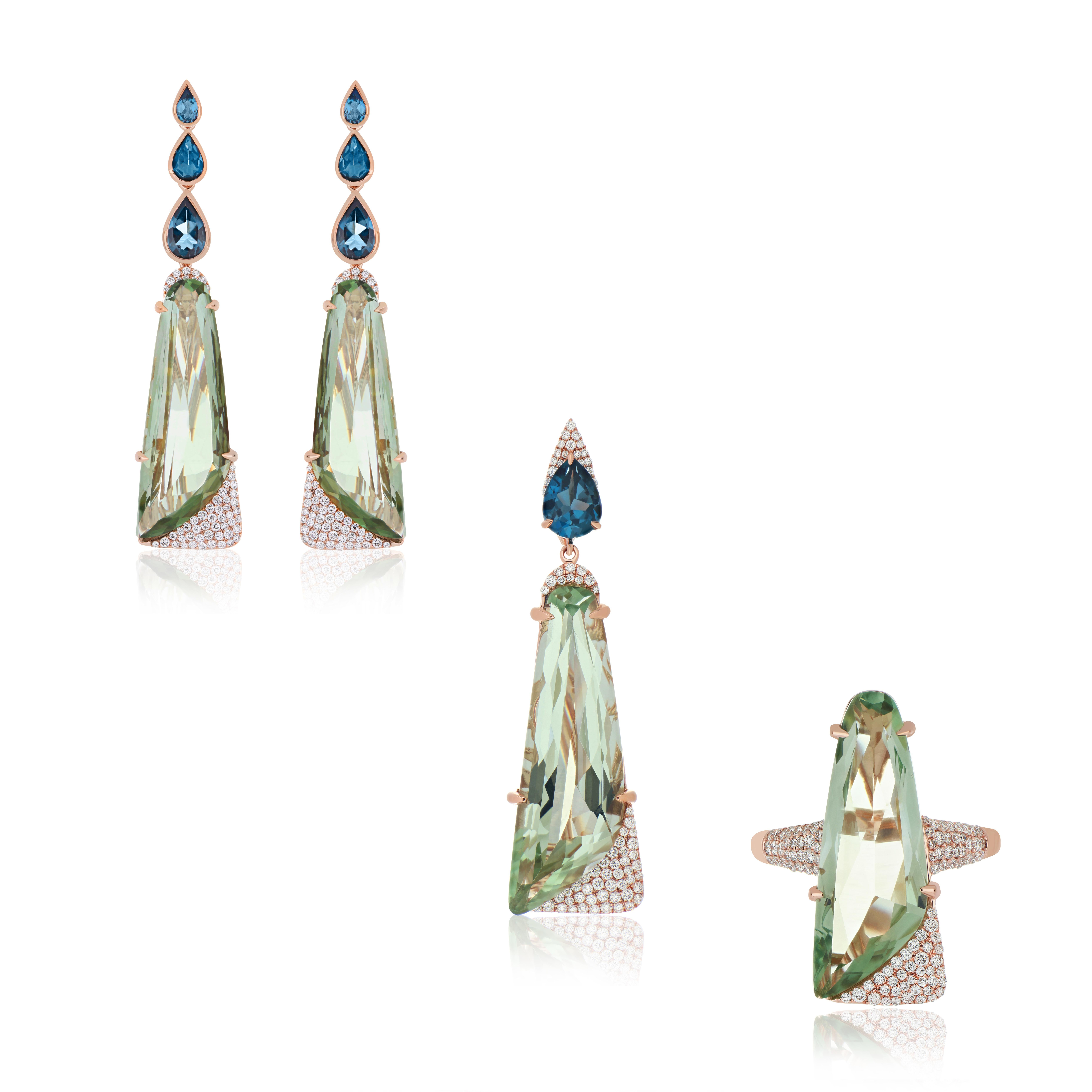 For Sale:  Mint Quartz London Blue Topaz and Diamond Elongated Ring Earring and Pendant Set 9