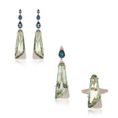 Mint Quartz London Blue Topaz and Diamond Elongated Ring Earring and Pendant Set